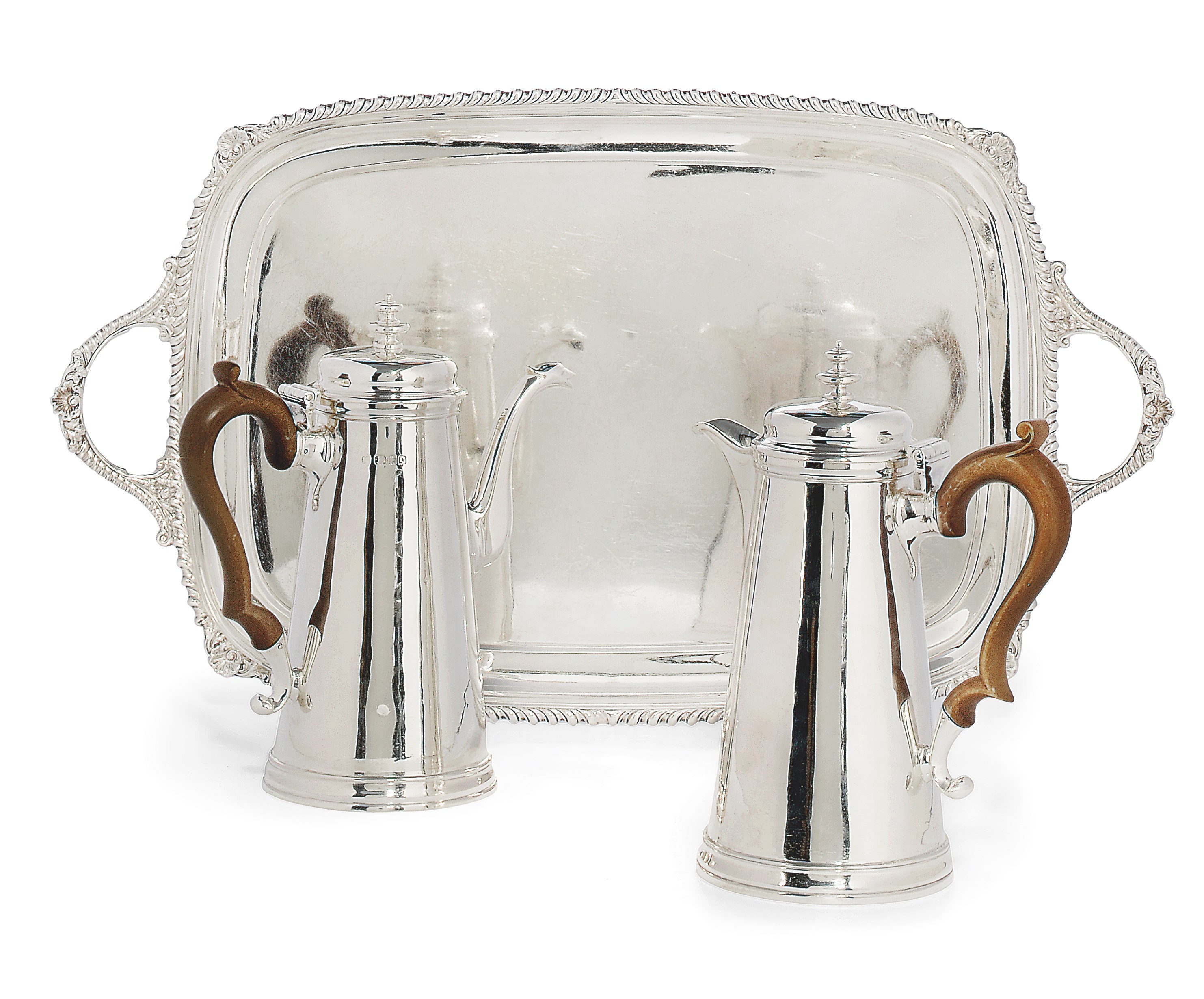 A SILVER COFFEE POT AND HOT WATER JUG IN THE EARLY 18TH CENTURY STYLE