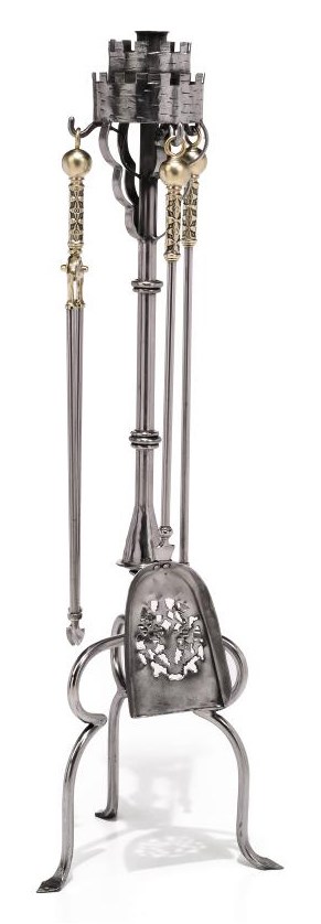 A SET OF THREE STEEL AND BRASS FIRE-IRONS ON A STAND