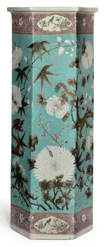 A CHINESE TURQUOISE GROUND HEXAGONAL UMBRELLA STAND