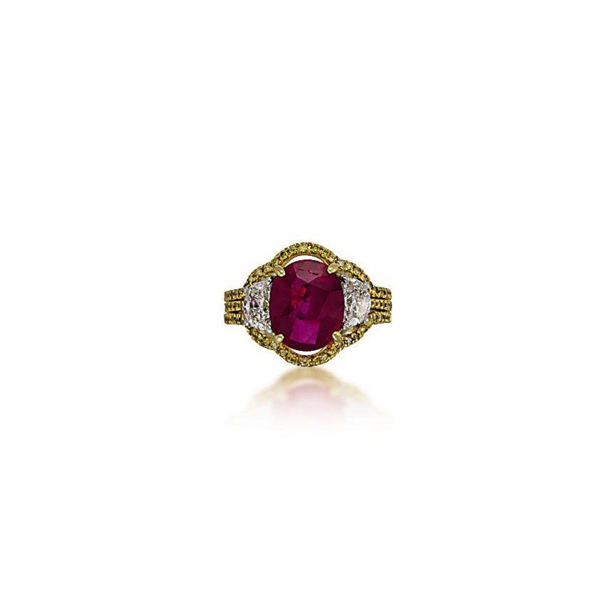 A RUBY AND COLOURED DIAMOND RING