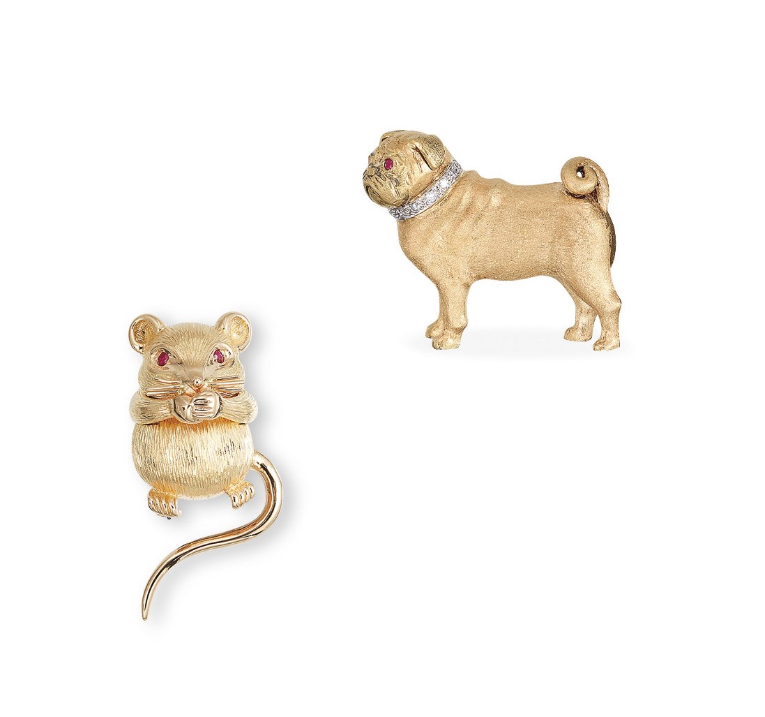 A GOLD AND RUBY 'MOUSE' CLIP BROOCH, BY HERMES AND A GOLD, RUBY AND DIAMOND 'DOG' PIN