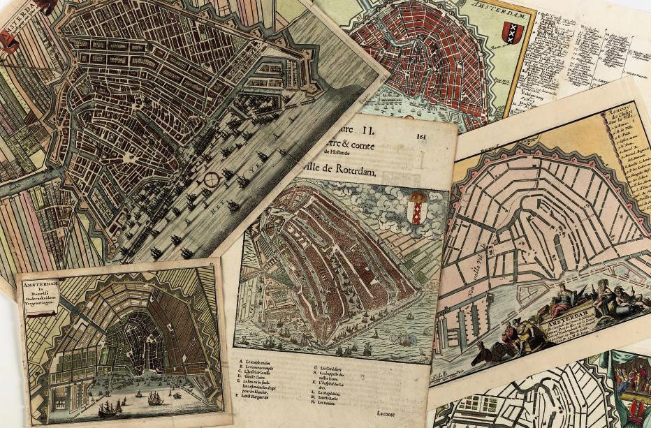 FIVE HANDCOLOURED ENGRAVED MAPS OF AMSTERDAM