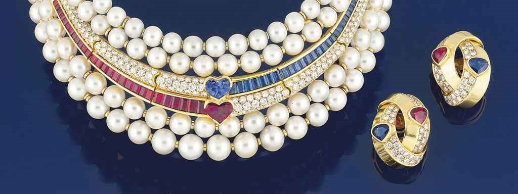 A cultured pearl, sapphire, ruby and diamond set suite, by Adler