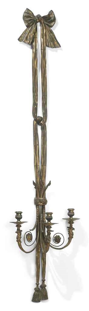 A LARGE FRENCH GILT-BRONZE THREE-LIGHT WALL APPLIQUE