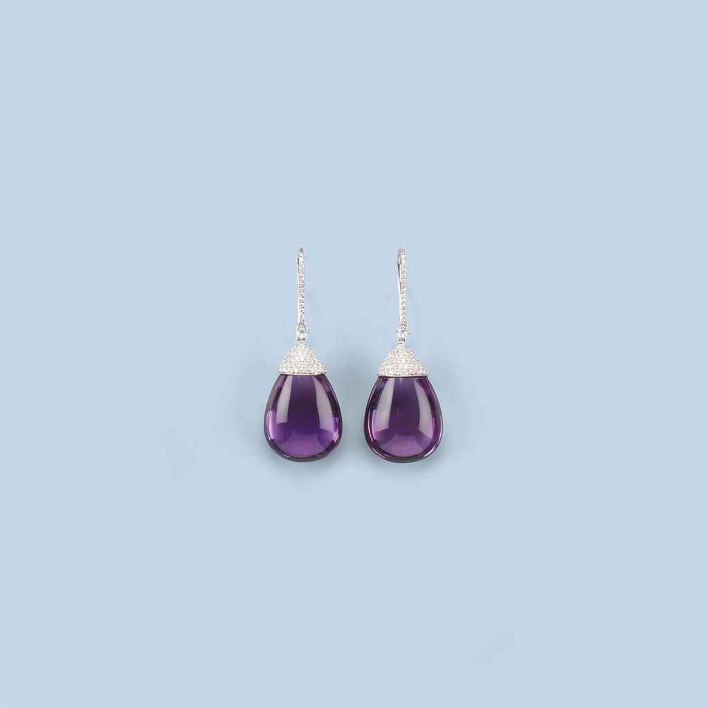 A PAIR OF AMETHYST AND DIAMOND EARRINGS