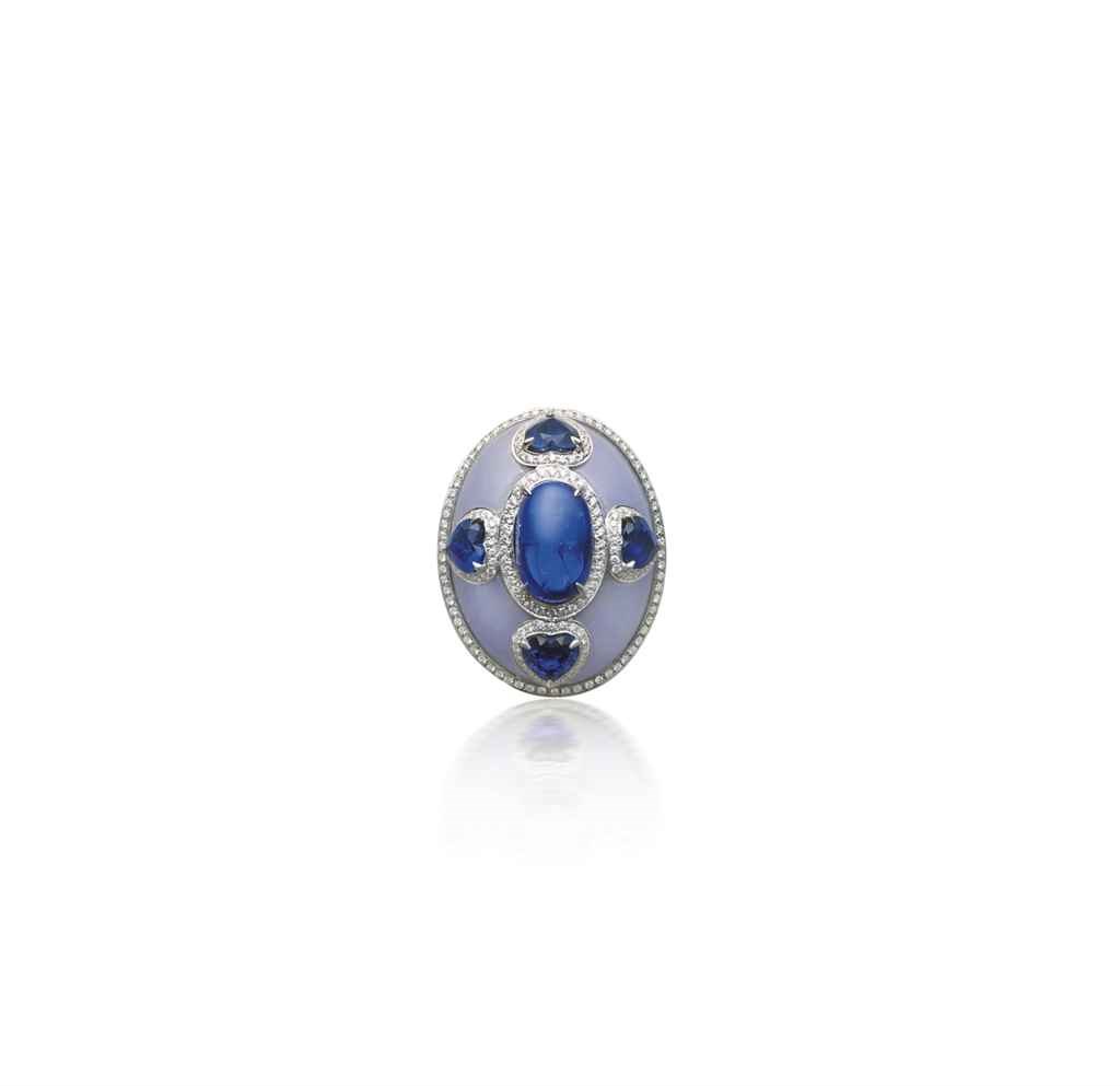 A SAPPHIRE, JADE AND DIAMOND RING, BY SABOO