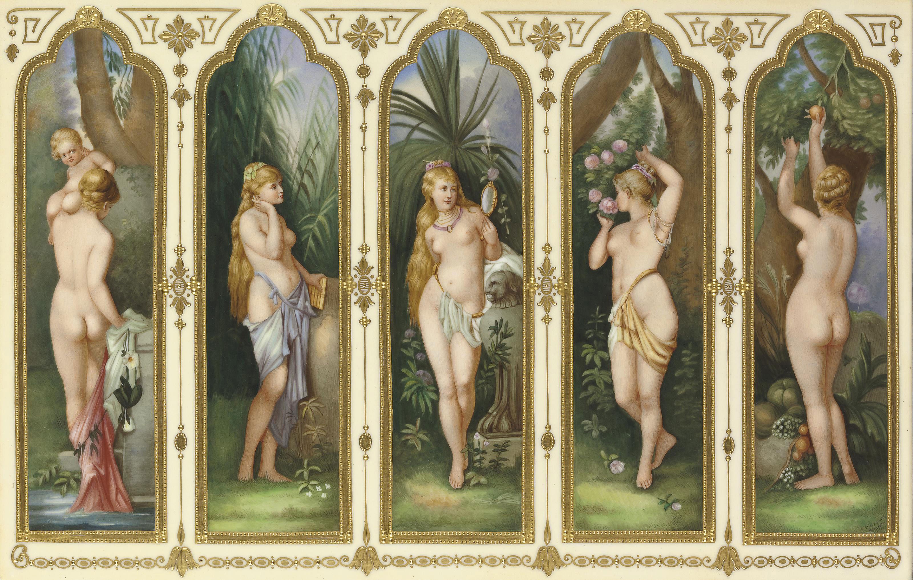 A BERLIN (K.P.M.) PORCELAIN RECTANGULAR PLAQUE, 'FÜNF SINNEN'