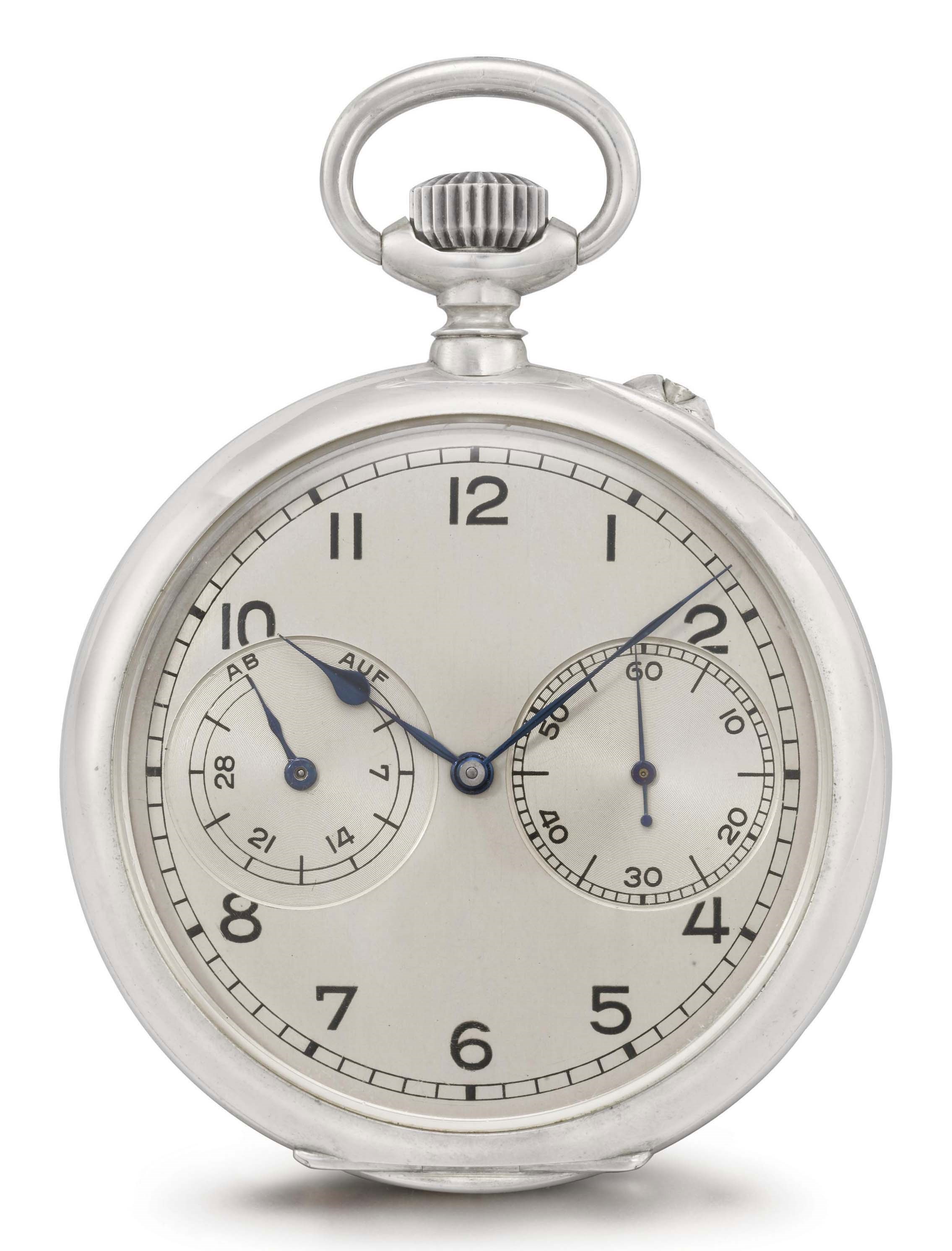 A. Lange & Söhne. A fine silver openface keyless lever deck watch with power reserve and Guillaume balance