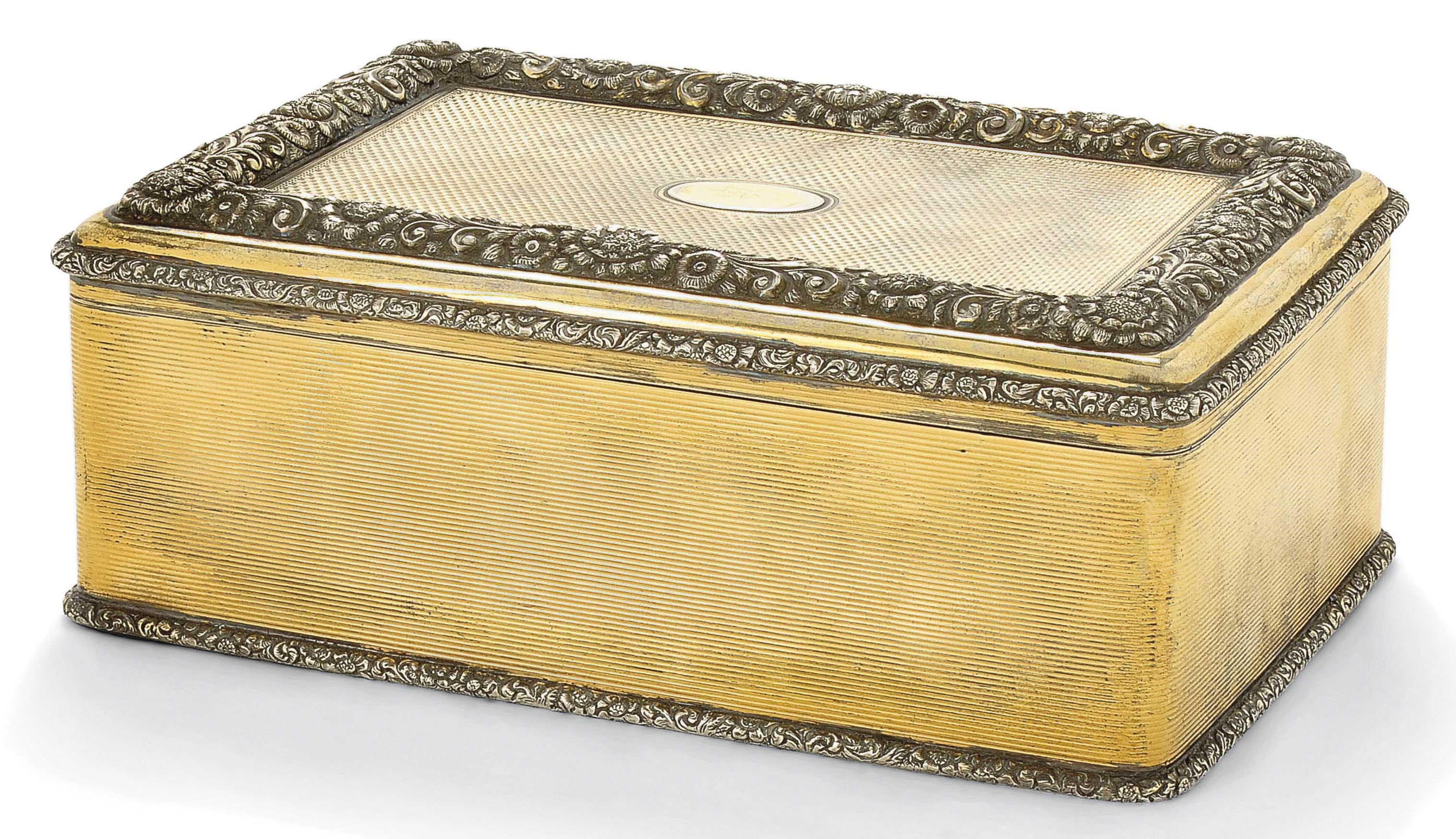 A PARCEL-GILT SILVER CIGAR BOX IN THE FORM OF A REGENCY SNUFF BOX