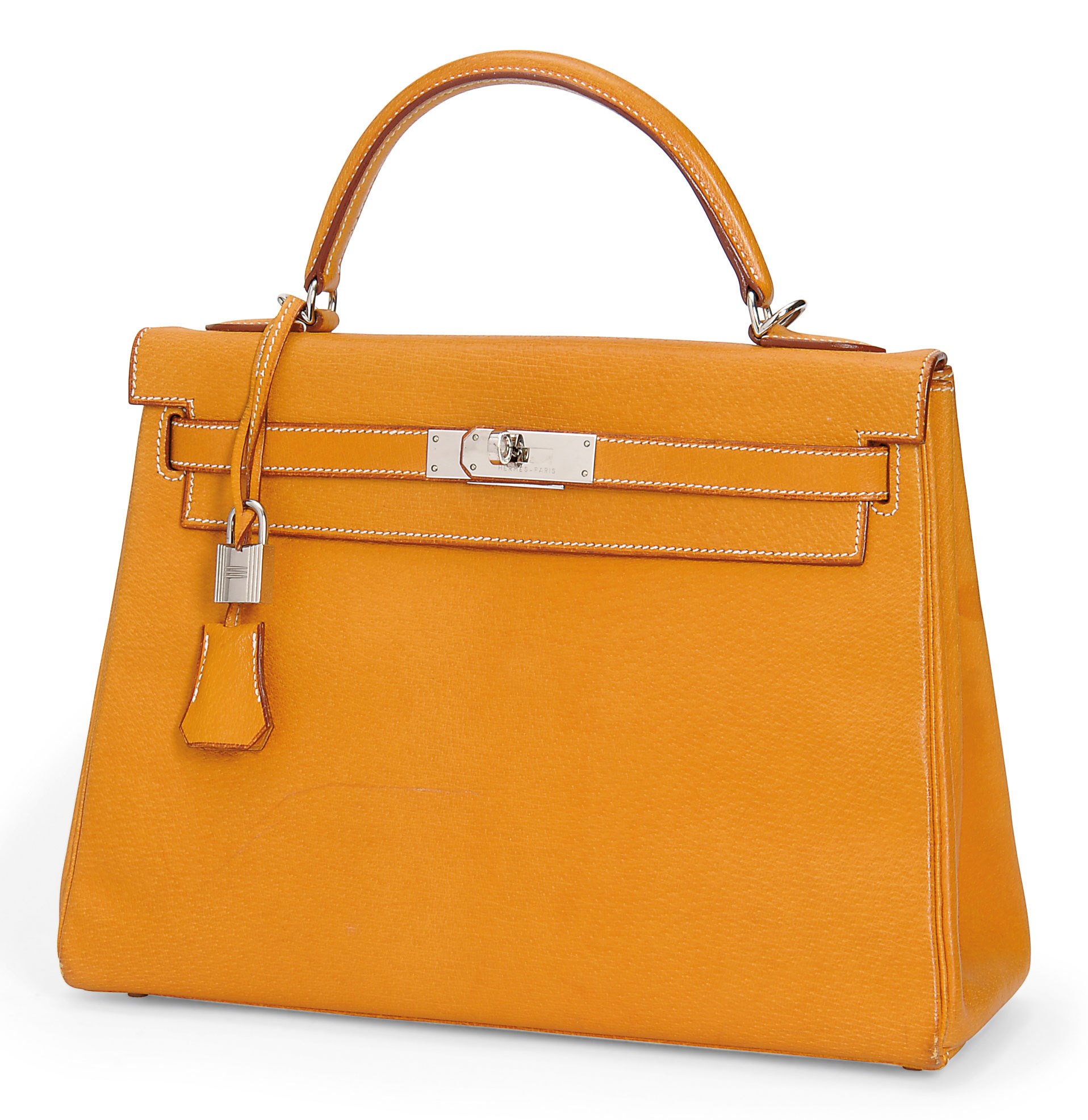 AN ORANGE PIGSKIN LEATHER 'KELLY' BAG