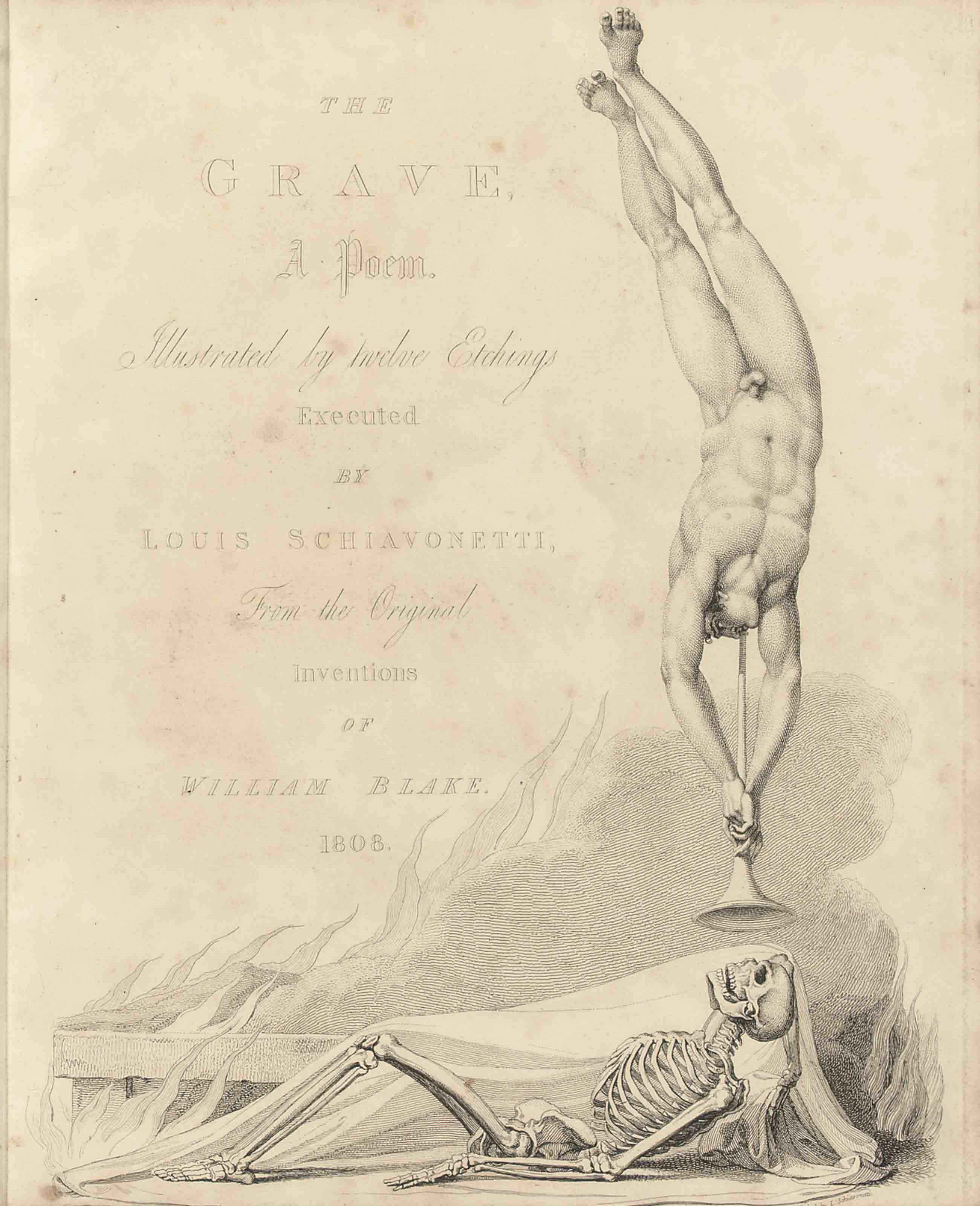 BLAKE, William (1757-1827, illustrator) -- BLAIR, Robert (1699-1746). The Grave. A Poem. London: T. Bensley for R.H. Cromek, 1808. Large 4° (339 x 273mm). Etched portrait of W. Blake by L. Schiavonetti after T. Phillips, etched frontispiece and 11 plates by Schiavonetti after Blake. (Portrait and frontispiece browned, small paper fault affecting bottom margin of portrait, frontispiece slightly cropped at bottom margin, some mainly marginal spotting and thumb-soiling of other plates.) Contemporary half russia (worn, front cover detached). Provenance: John Robertson Bell (bookplate) -- E.C. Sayer, 1839 (pencil inscription).
