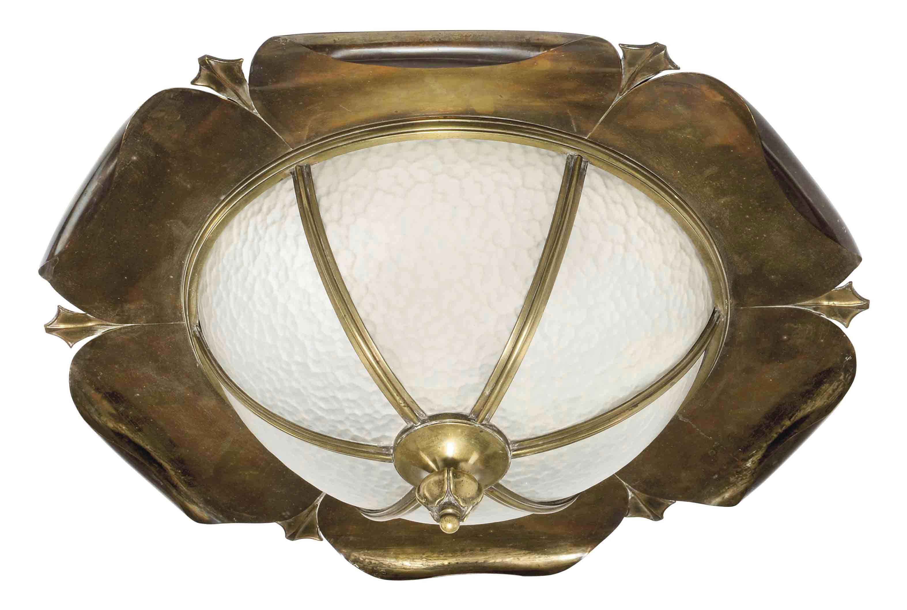 AN ARTS & CRAFTS BRASS, COPPER AND GLASS CEILING SHADE