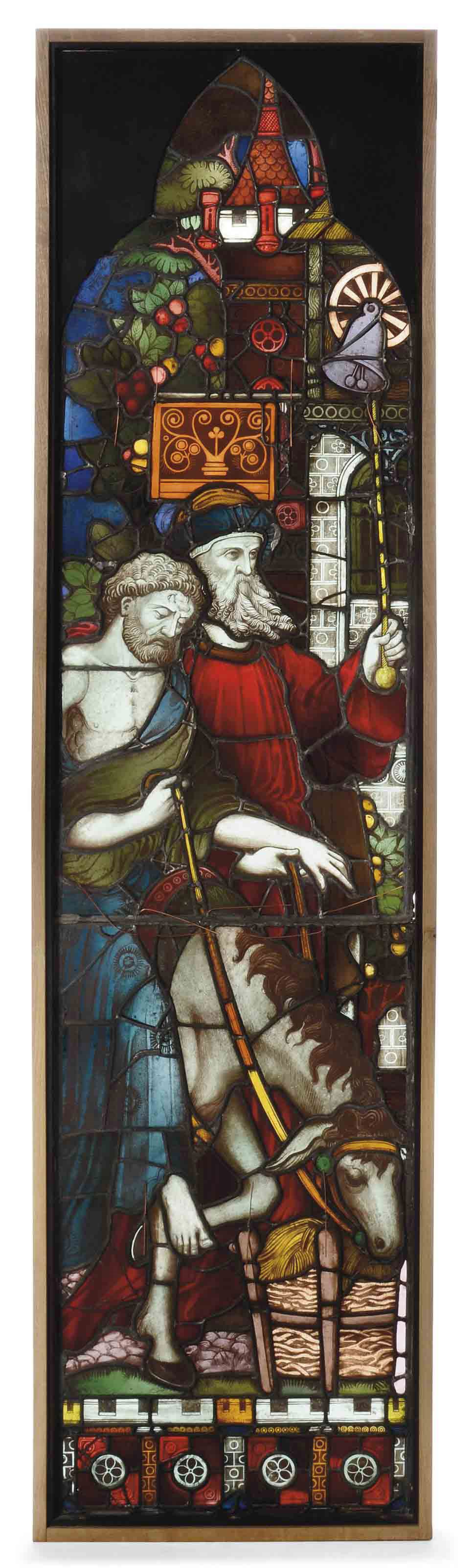 A VICTORIAN STAINED AND LEADED GLASS WINDOW 'THE GOOD SAMARITAN'
