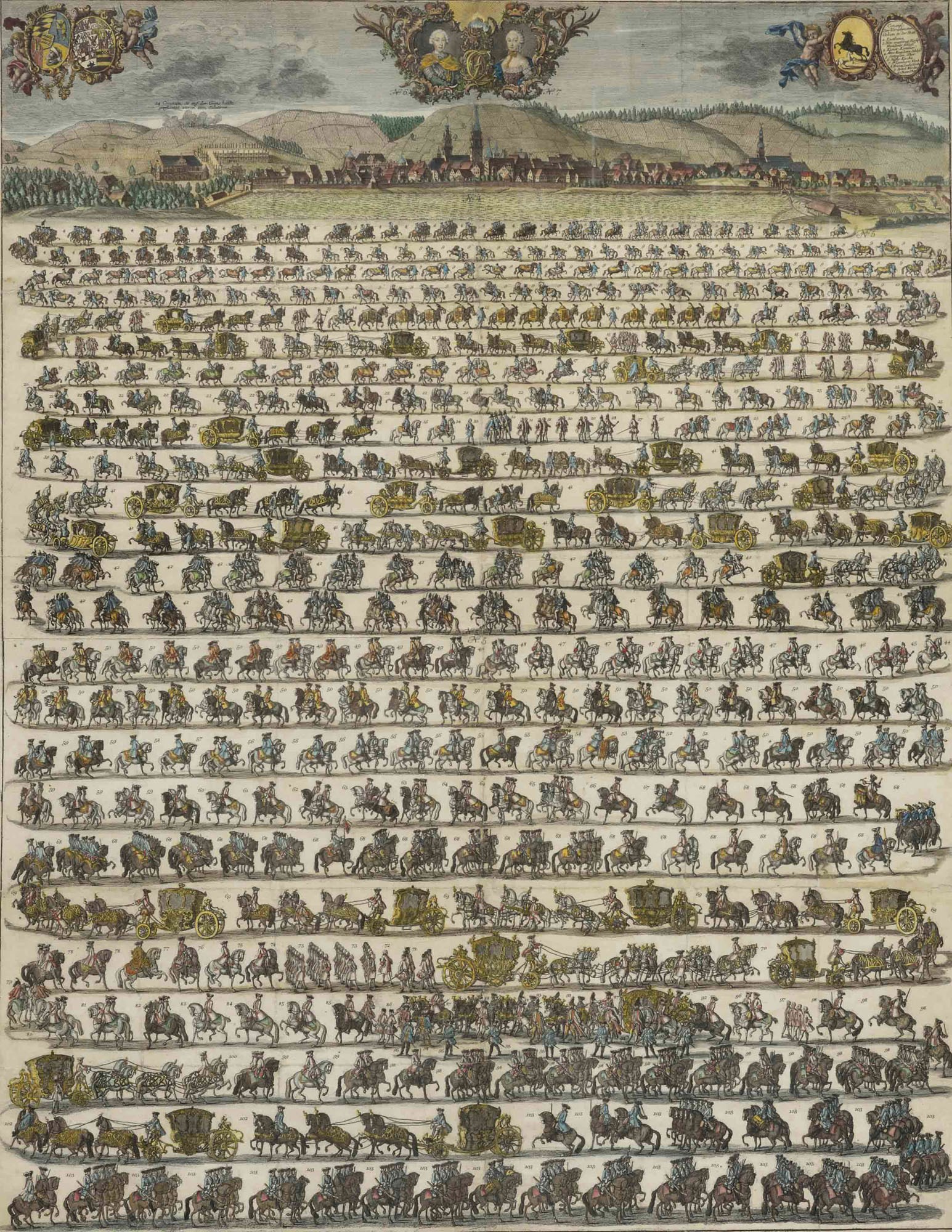 A GERMAN HAND-COLOURED ENGRAVING DEPICTING THE PARADE IN STUTTGART FOR THE WEDDING OF DUKE CARL EUGEN
