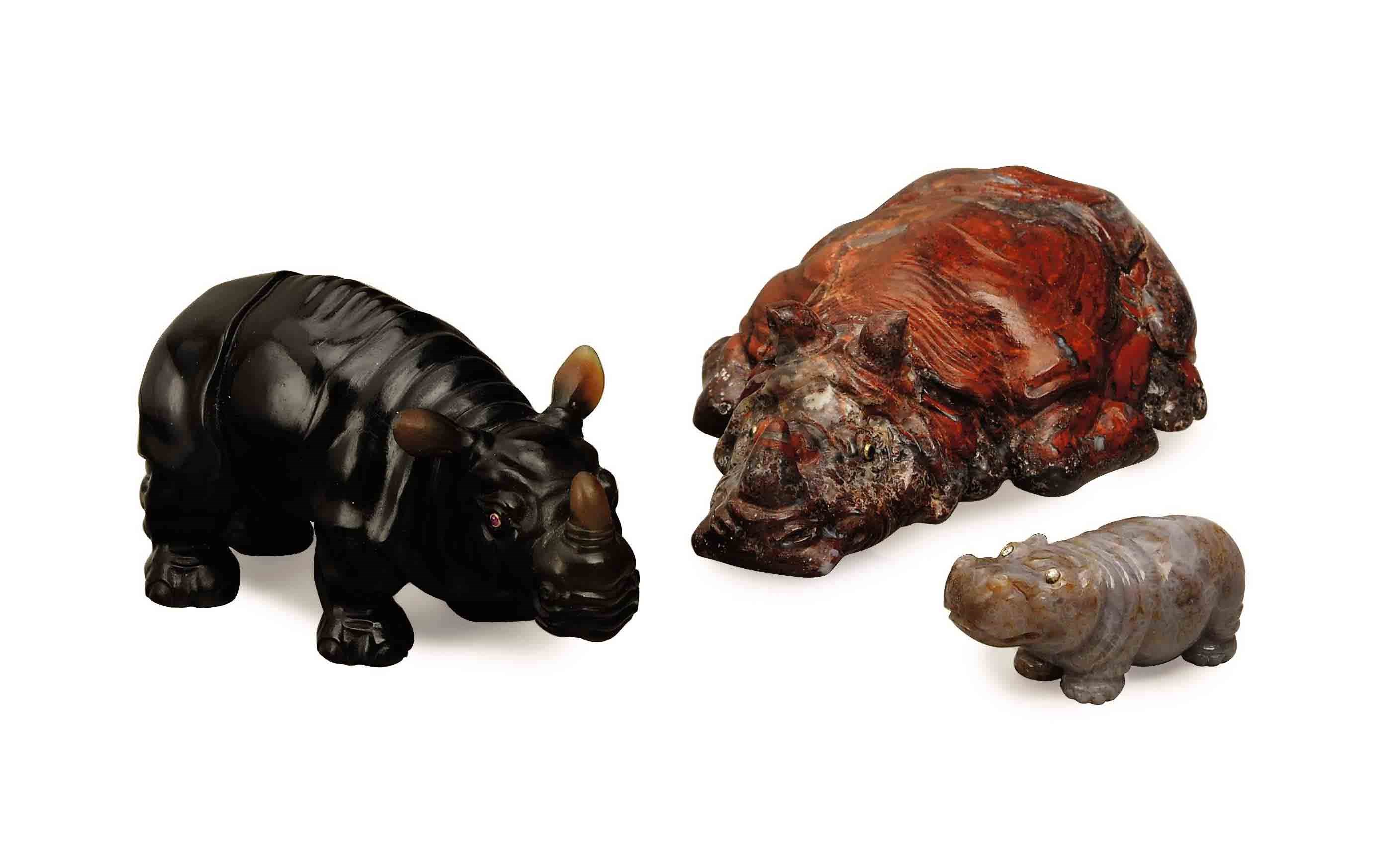 THREE RUSSIAN AGATE HIPPOS,