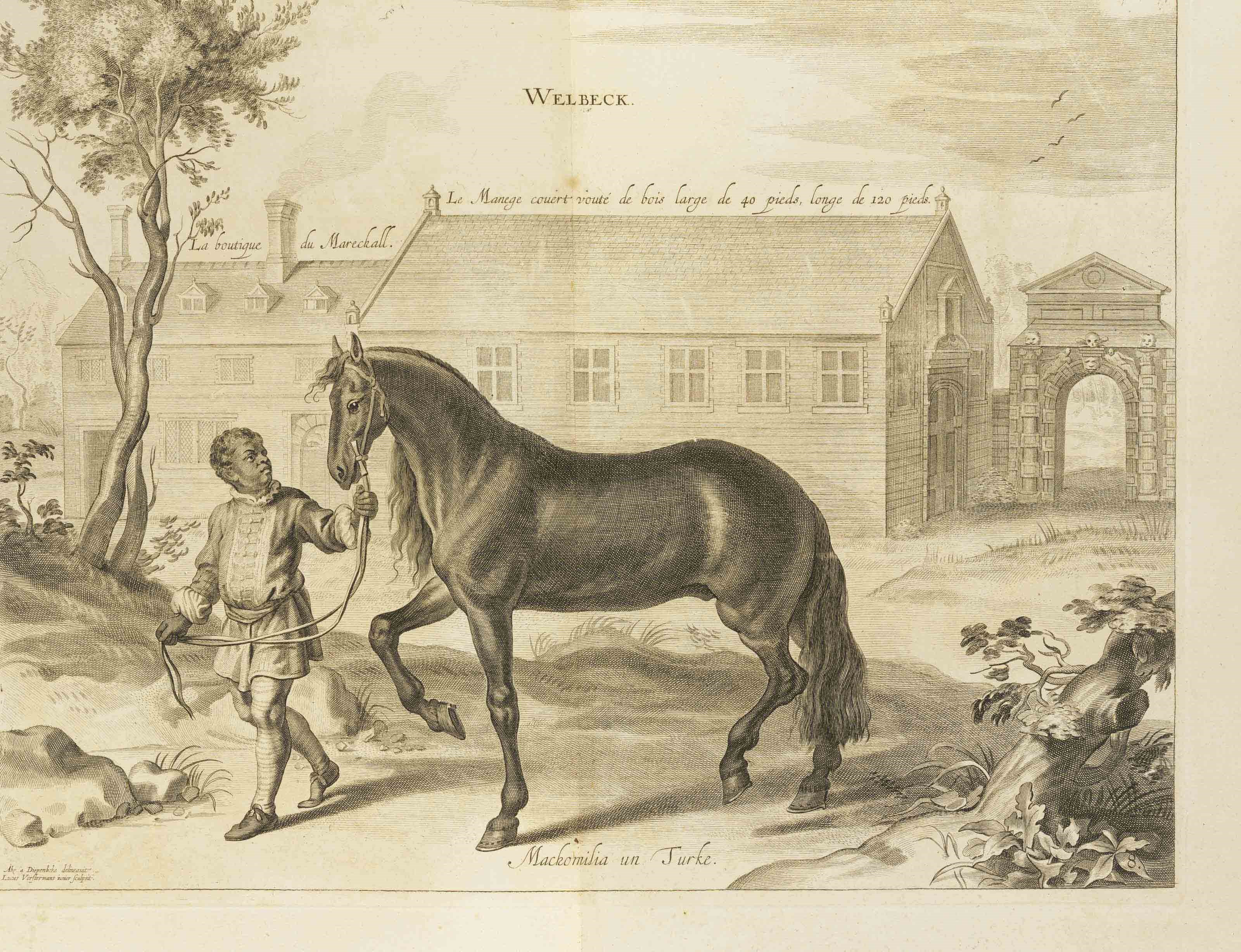 NEWCASTLE, William Cavendish, Duke of. Methode et Invention nouvelle de Dresser les Chevaux. London: Jean Brindley, 1737. Large folio, double-page engraved plates, contemporary red morocco, covers with elaborate gilt borders, spine with black morocco onlays (worn), g.e., with fore-edge painting of a coat-of-arms with floral sprays, bookplate of Milton, Peterborough