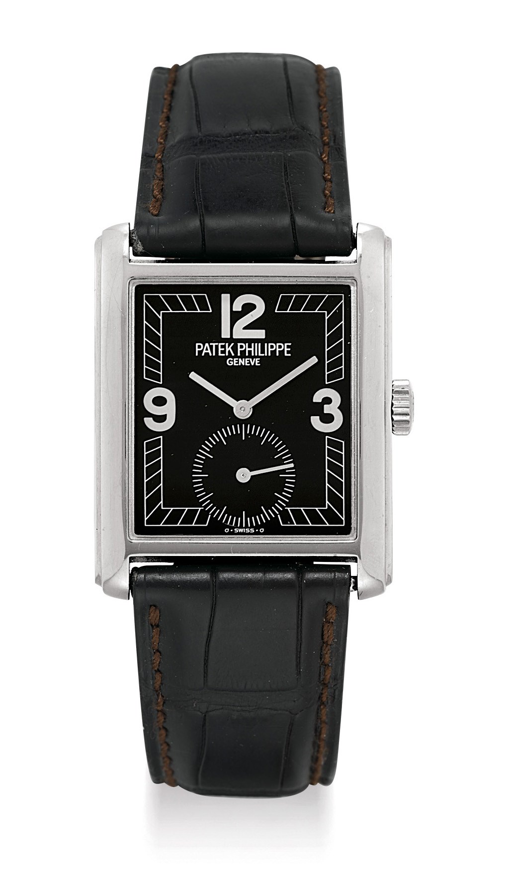 PATEK PHILIPPE. AN 18K WHITE GOLD RECTANGULAR WRISTWATCH WITH BLACK DIAL AND ORIGINAL CERTIFICATE