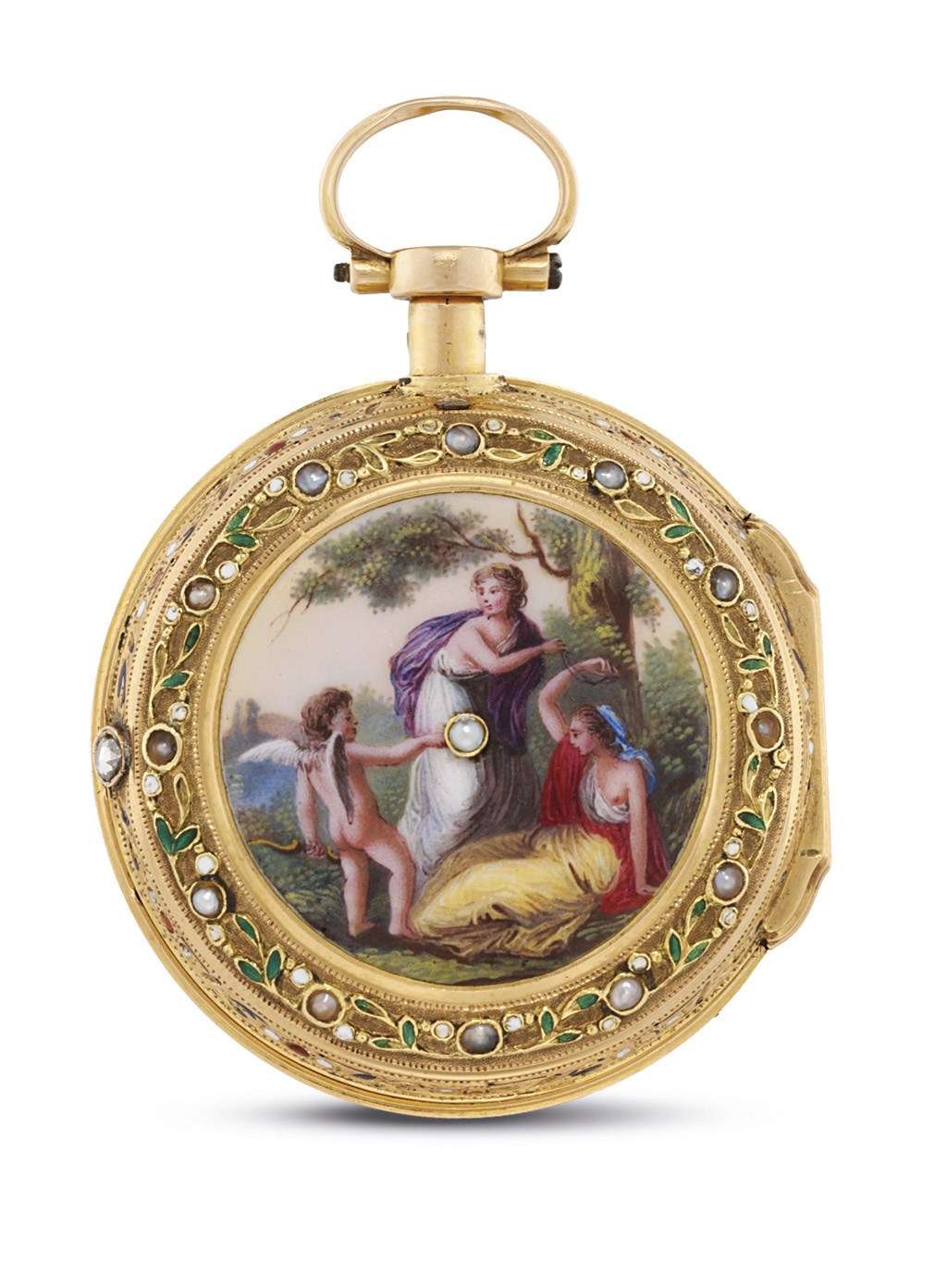 LEPINE. A DECORATIVE GOLD, ENAMEL, PEARL AND PASTE-SET OPENFACE QUARTER REPEATING VERGE WATCH