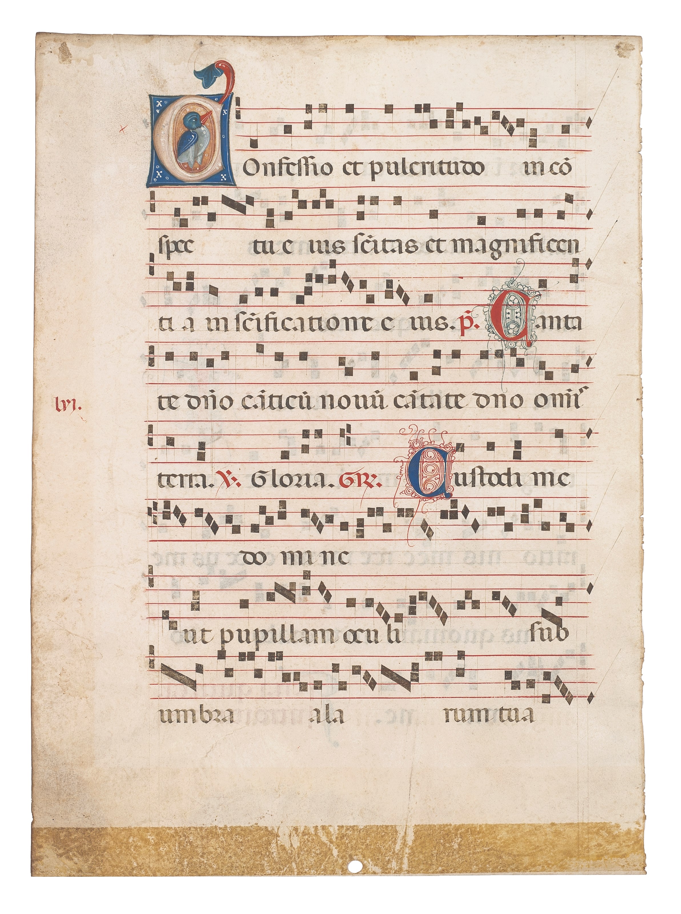 INHABITED INITIAL C with a bird, on a leaf from a Gradual, in Latin, ILLUMINATED MANUSCRIPT ON VELLUM [northern Italy, probably Bologna, third quarter 13th century]. 430 x 314mm. The initial on the verso, eight lines of text below eight lines of music of square notation, rubrics in red, two large initials in red with blue penwork and large blue initial with red penwork, numbered 'lvi' in margin (stain from sellotape across lower edge).