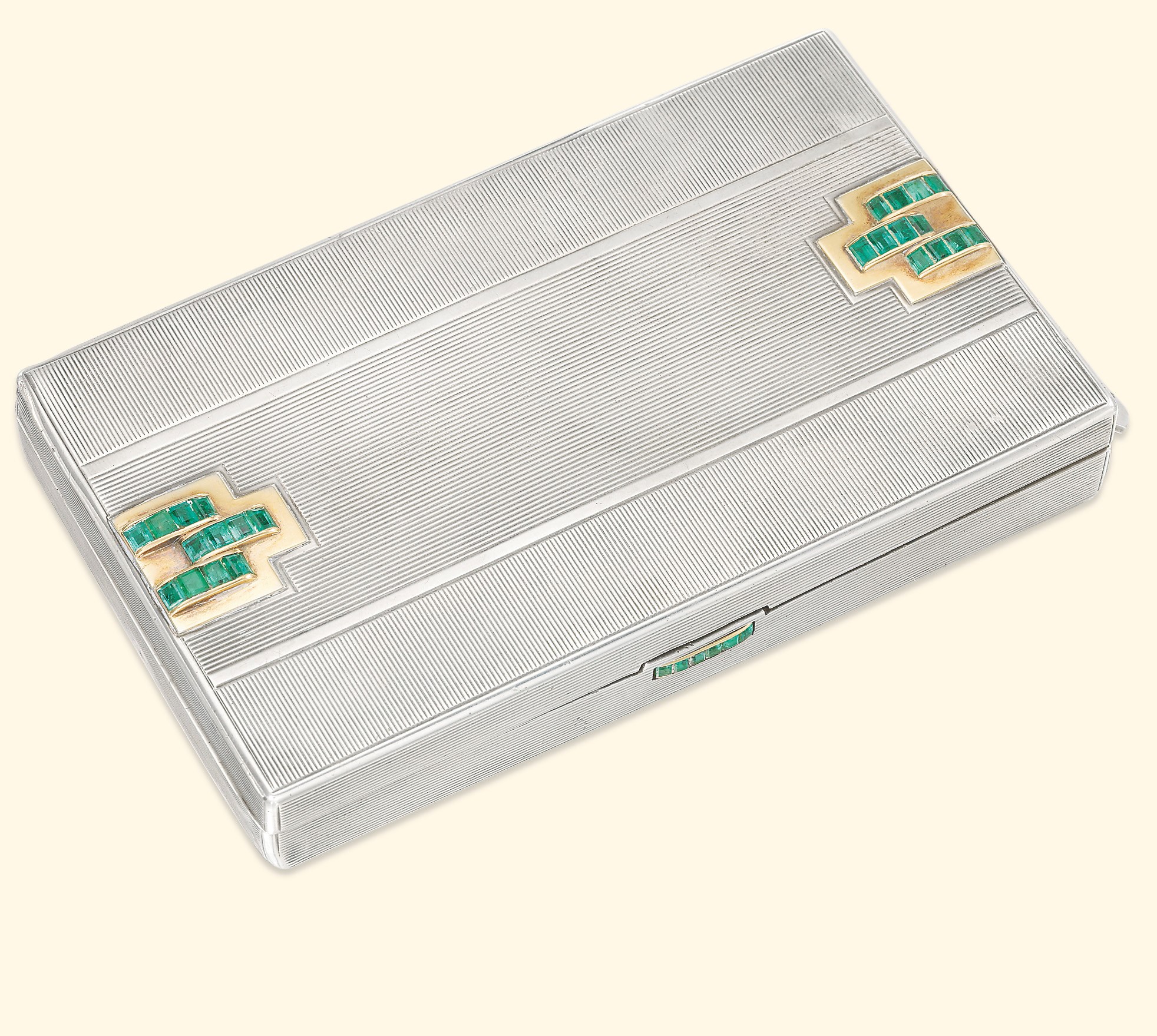 A SILVER AND EMERALD-SET VANITY CASE, BY OSTERTAG