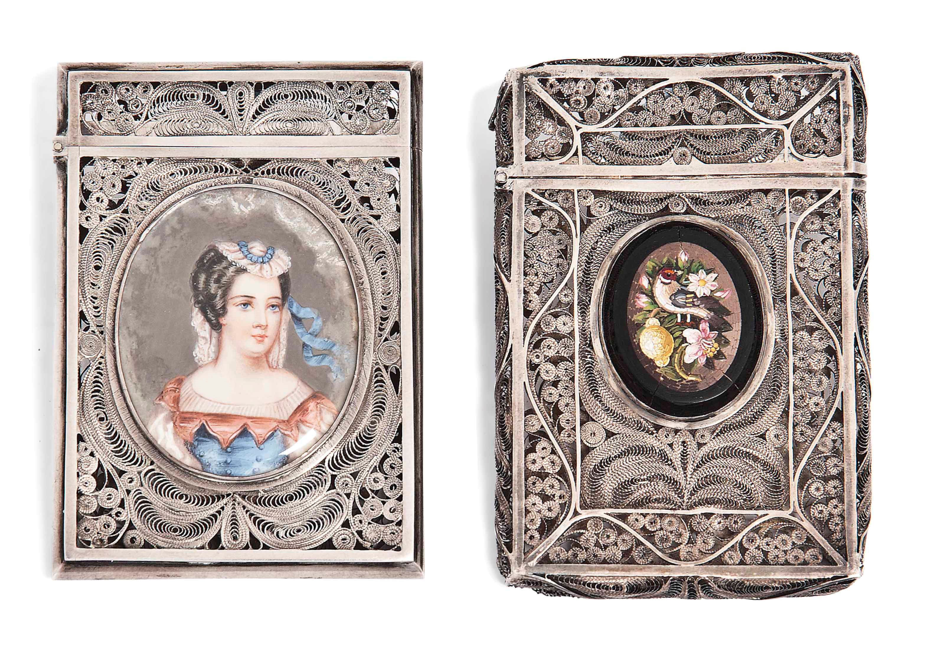 A CONTINENTAL SILVER FILIGREE CARD CASE SET WITH PORTRAIT MINIATURE OF A LADY