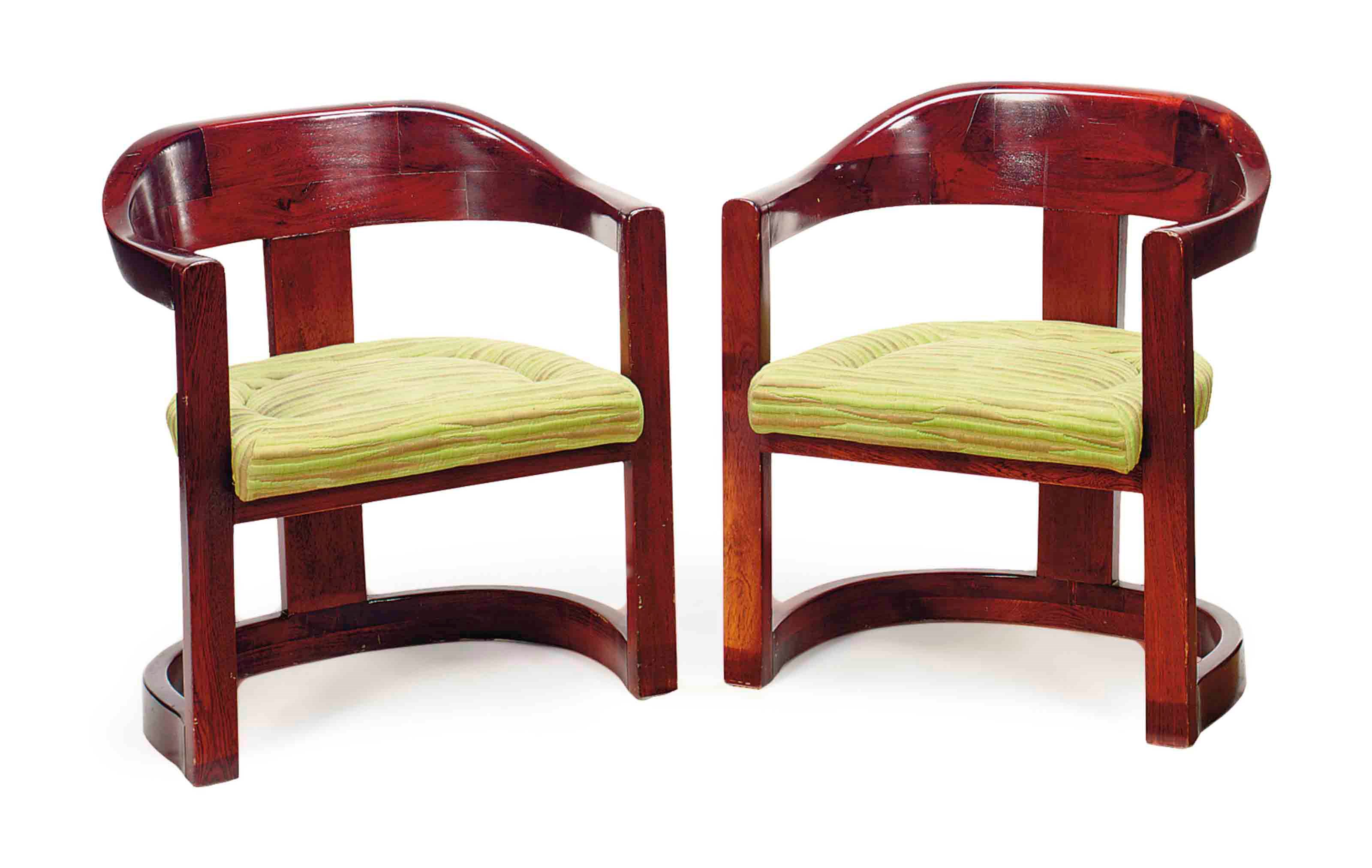 A SET OF SEVEN MODERN HARDWOOD OPEN BARRELL-BACK ARMCHAIRS,