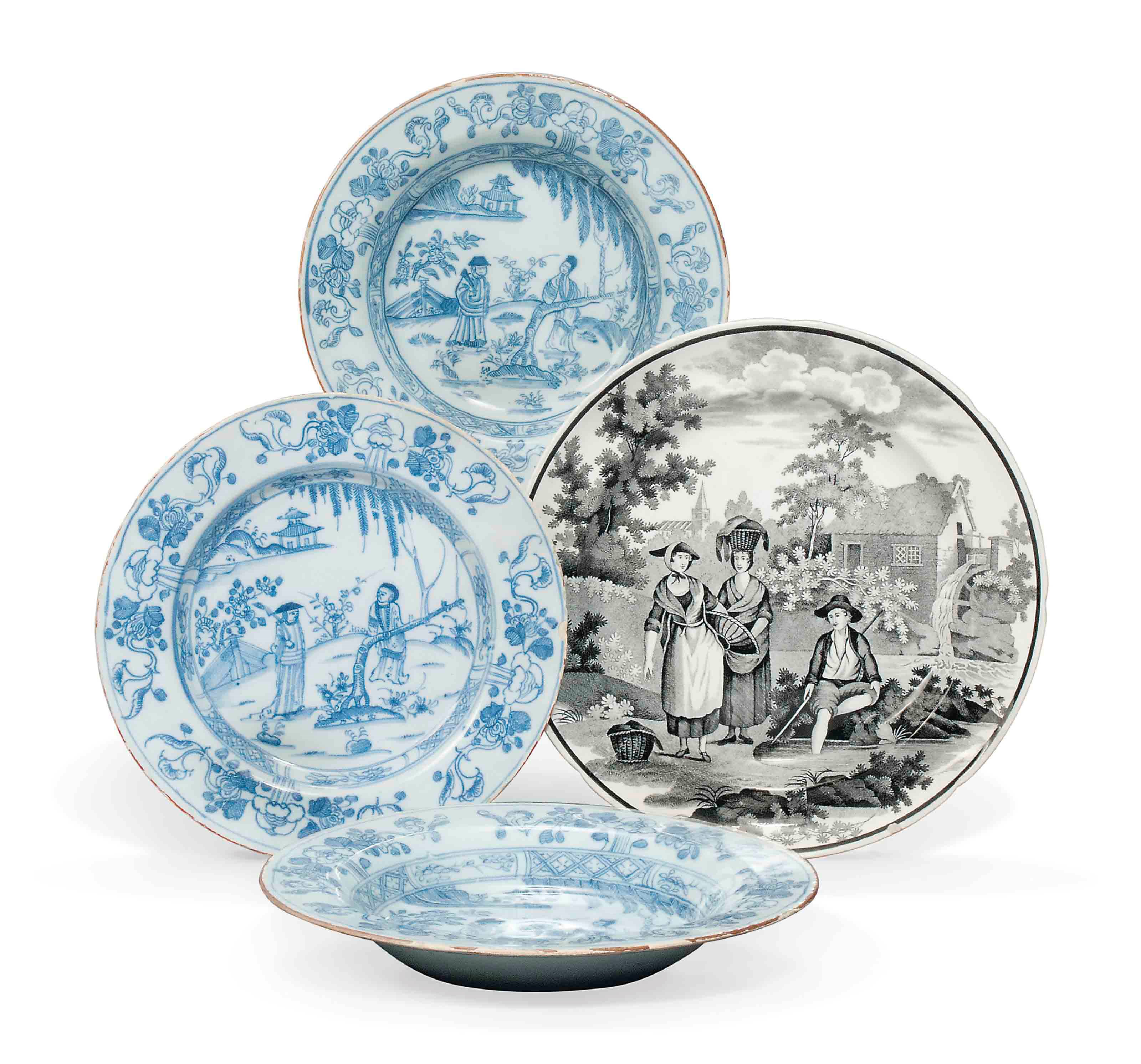 THREE ENGLISH DELFT PLATES AND A SWANSEA (DILLWYN) PRINTED EARTHENWARE PLATE