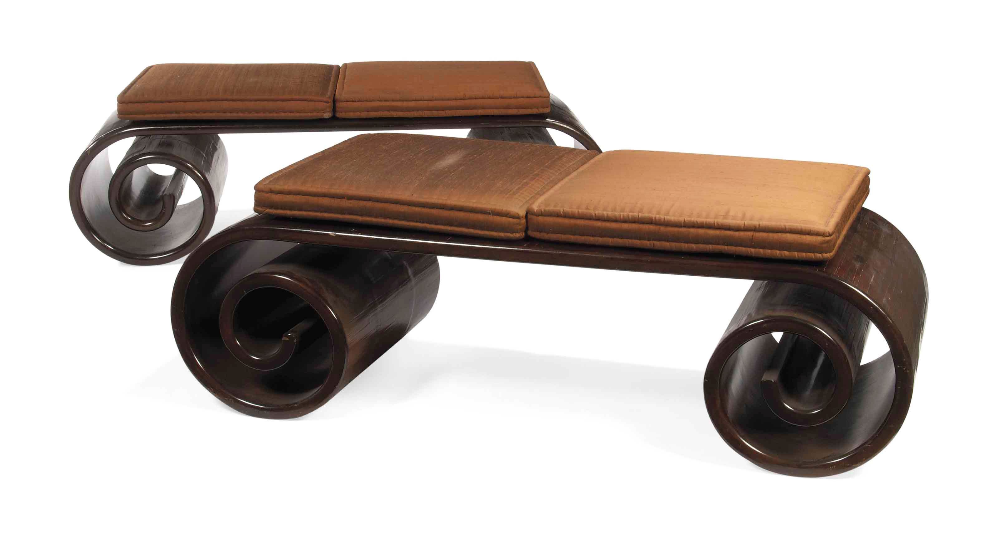 A PAIR OF GRAINED SCROLLE-END BENCHES