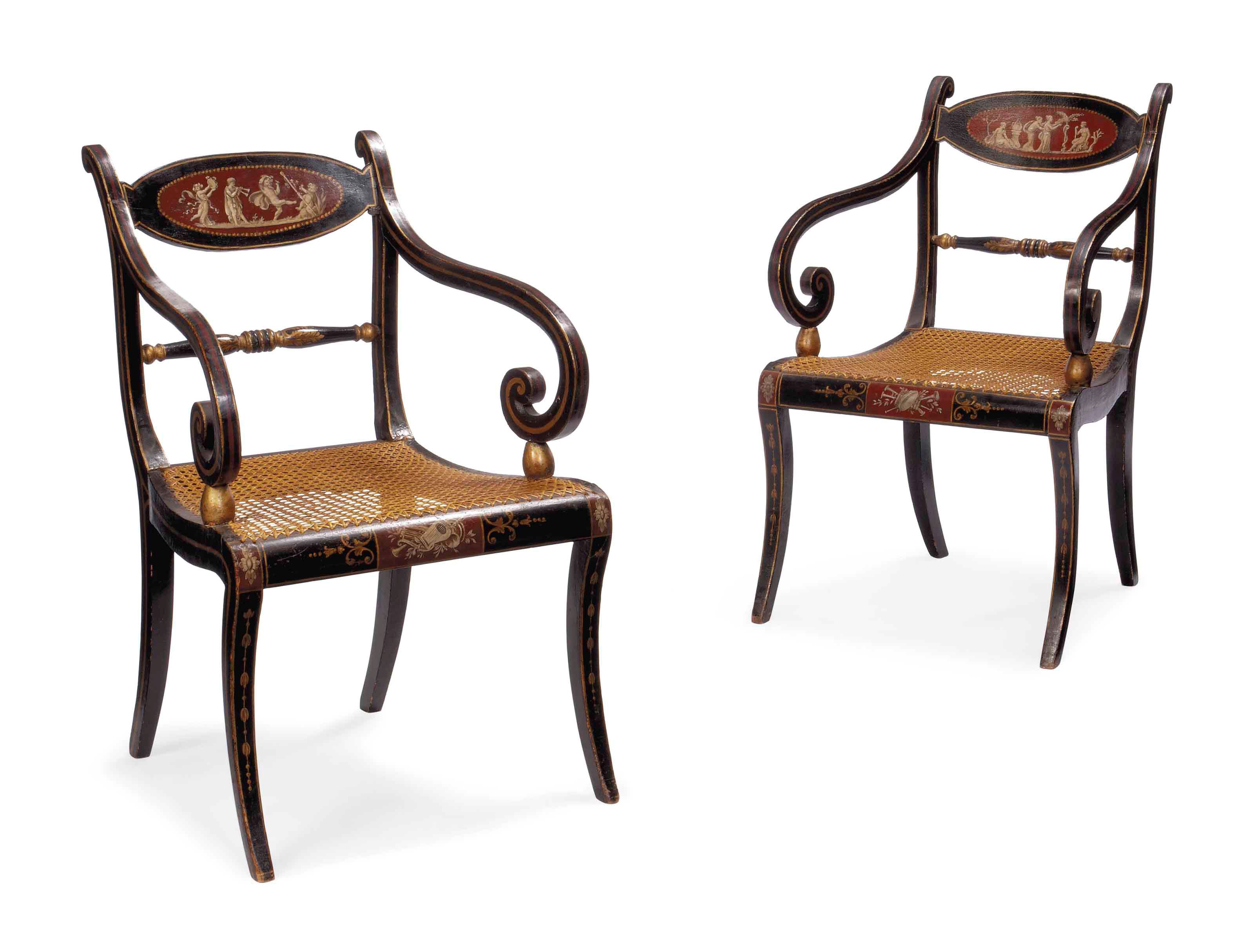 A PAIR OF REGENCY 'ETRUSCAN' EBONISED AND PAINTED ARMCHAIRS