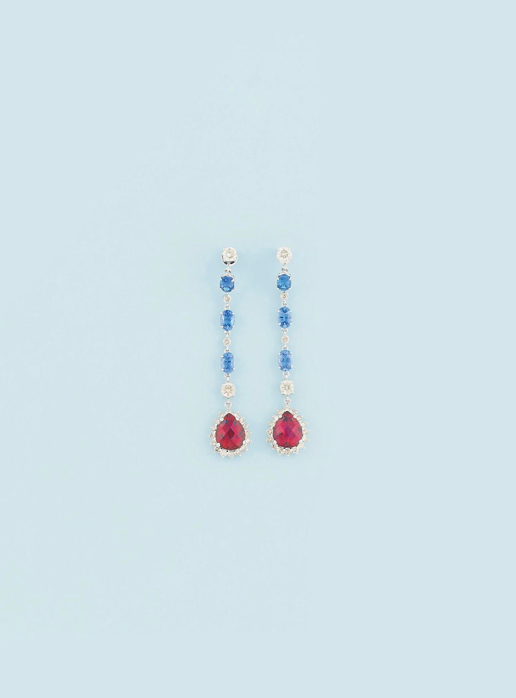 A pair of sapphire, ruby and diamond earrings