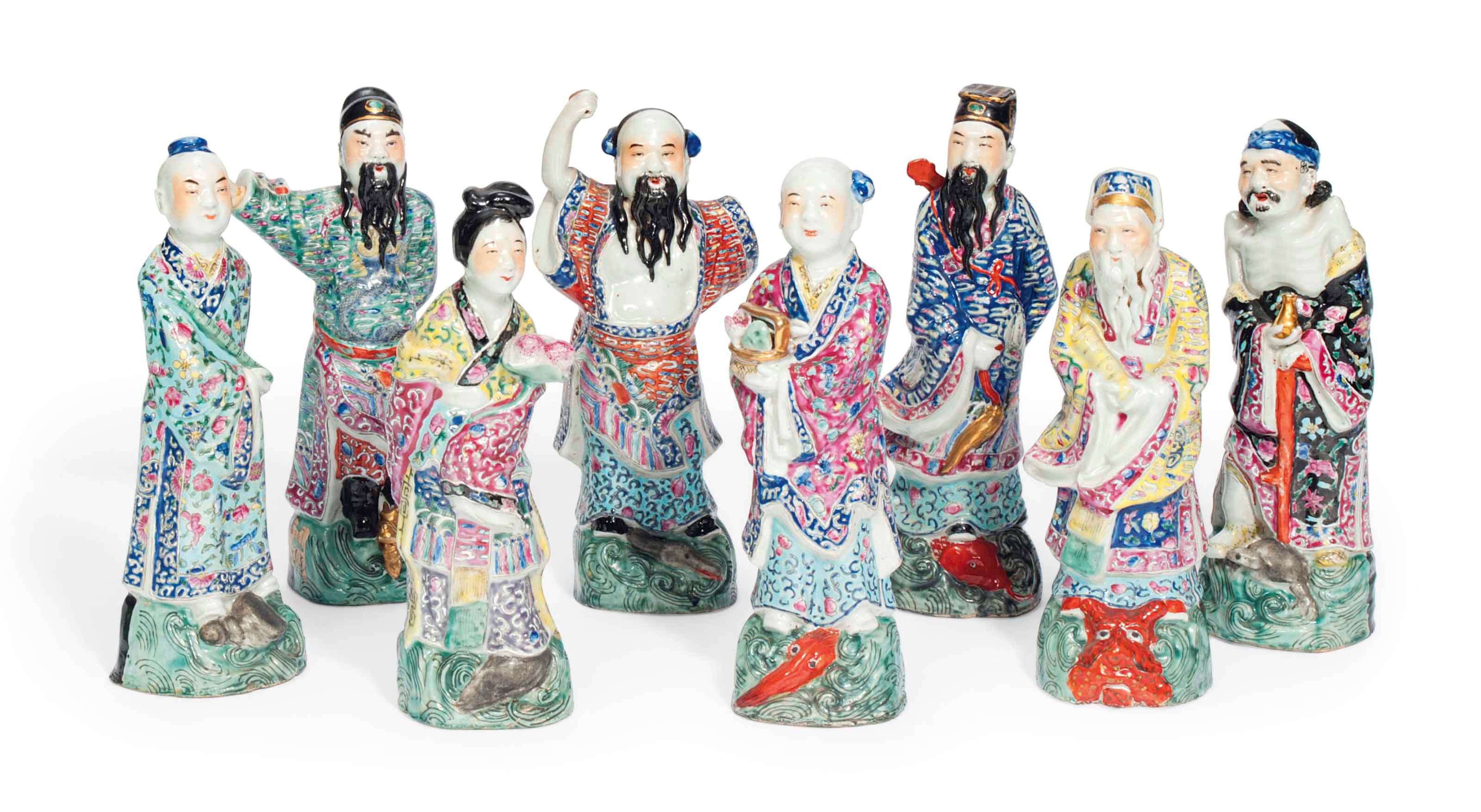 A SET OF CHINESE FAMILLE ROSE MODELS OF THE EIGHT IMMORTALS