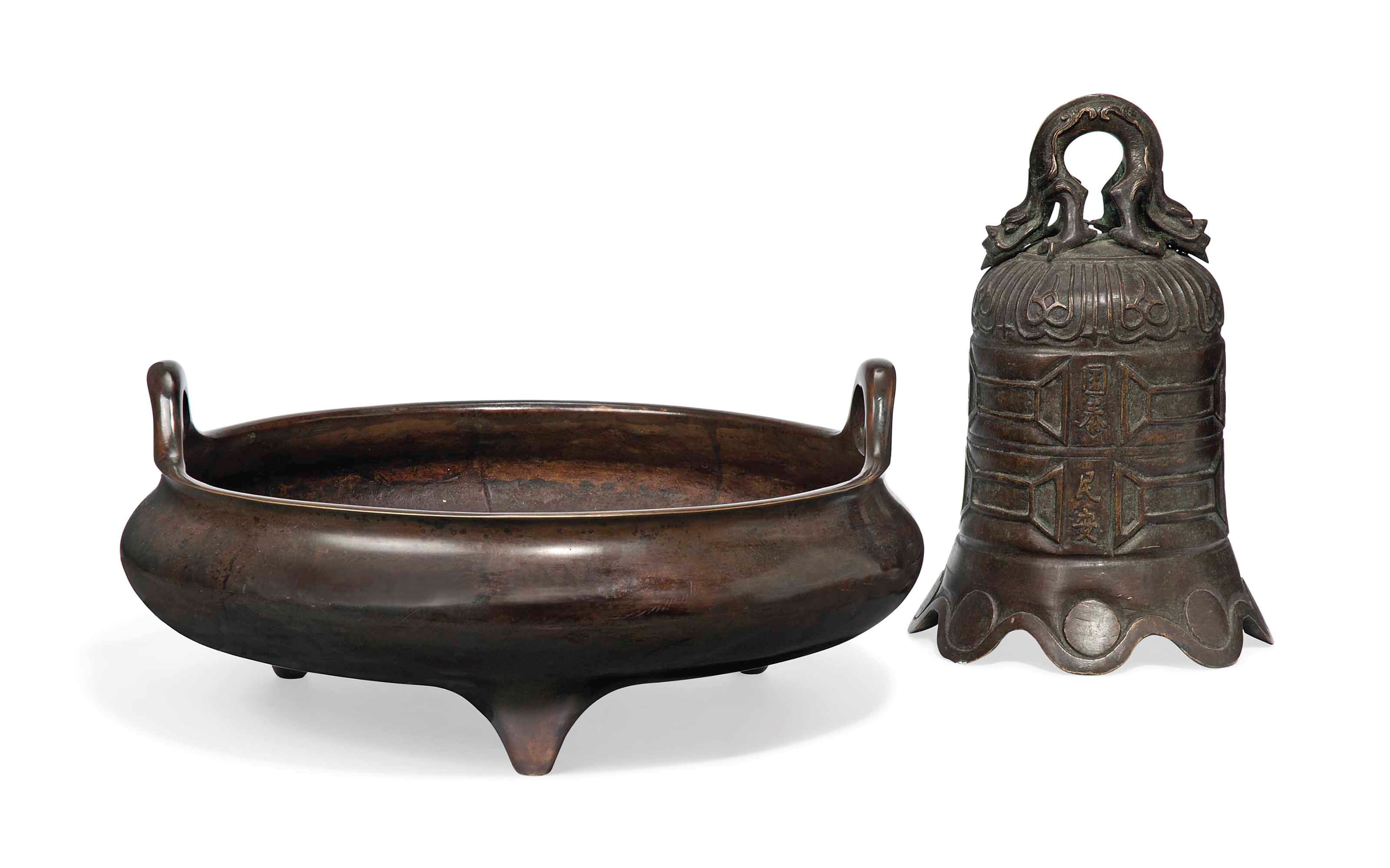 A CHINESE BRONZE TRIPOD CENSER AND A BRONZE BELL
