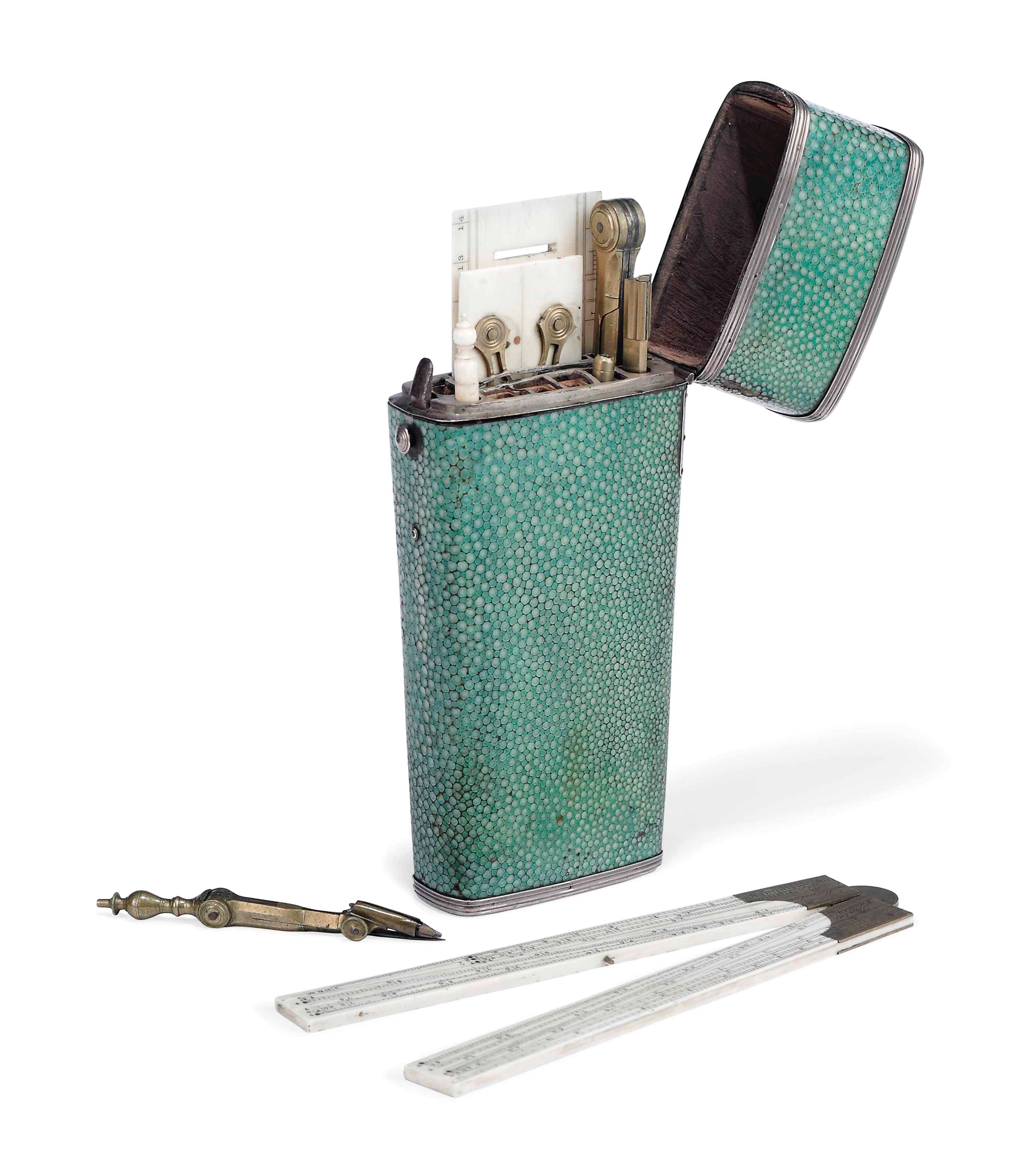 A SILVER-MOUNTED SHAGREEN-CASED DRAWING SET