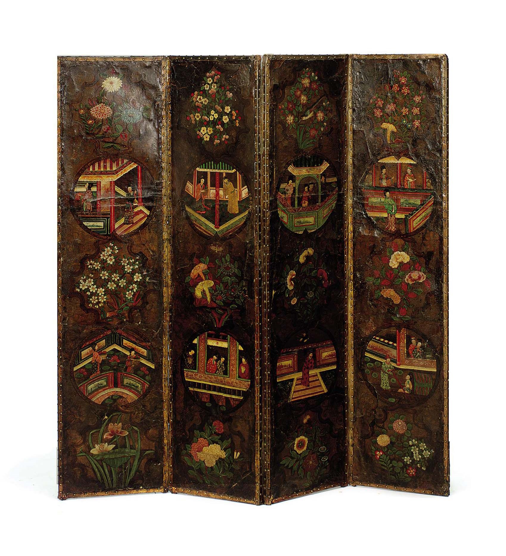 A DUTCH POLYCHROME-PAINTED LEATHER FOUR-PANEL FLOOR SCREEN,