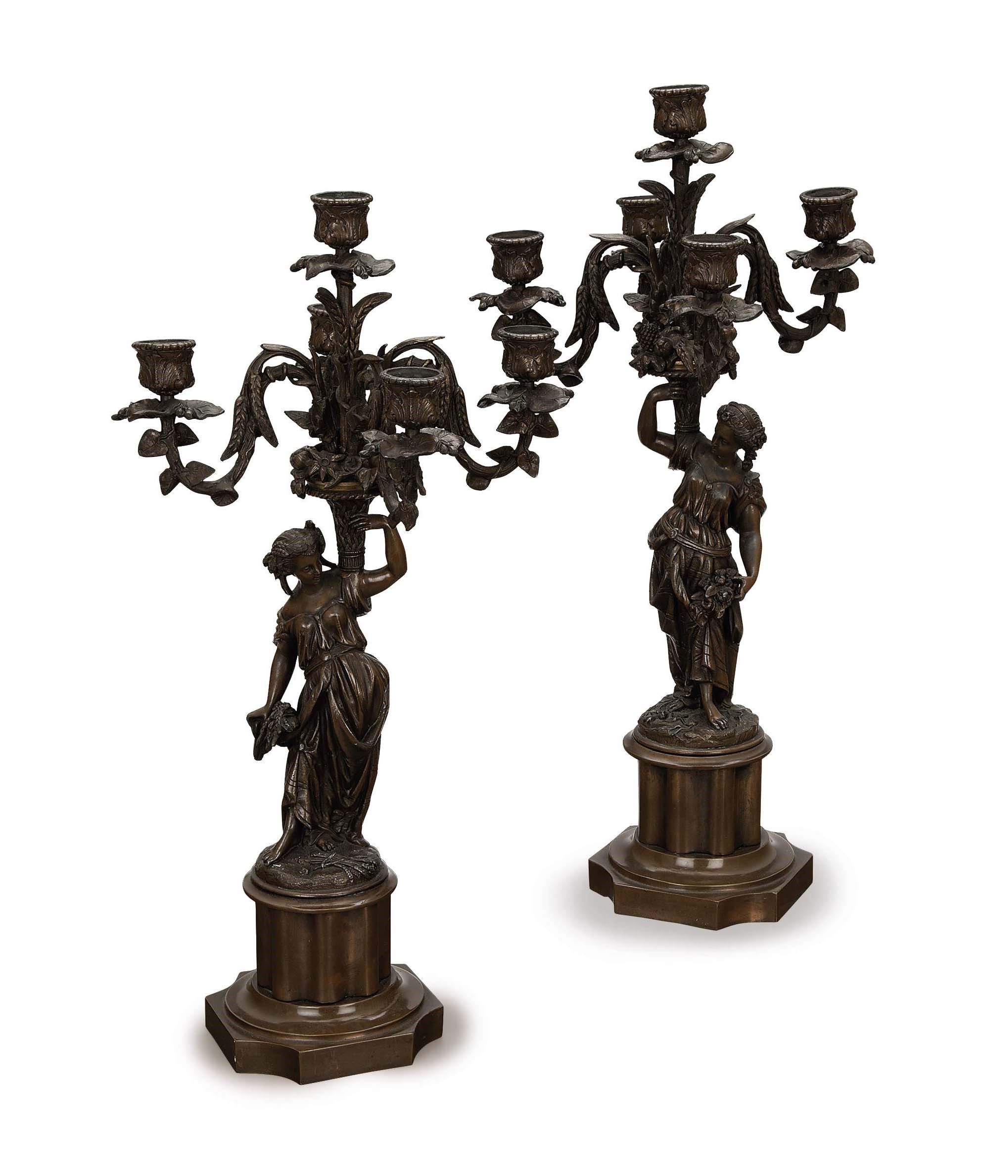 A PAIR OF FRENCH PATINATED METAL FIVE-LIGHT CANDELABRA,