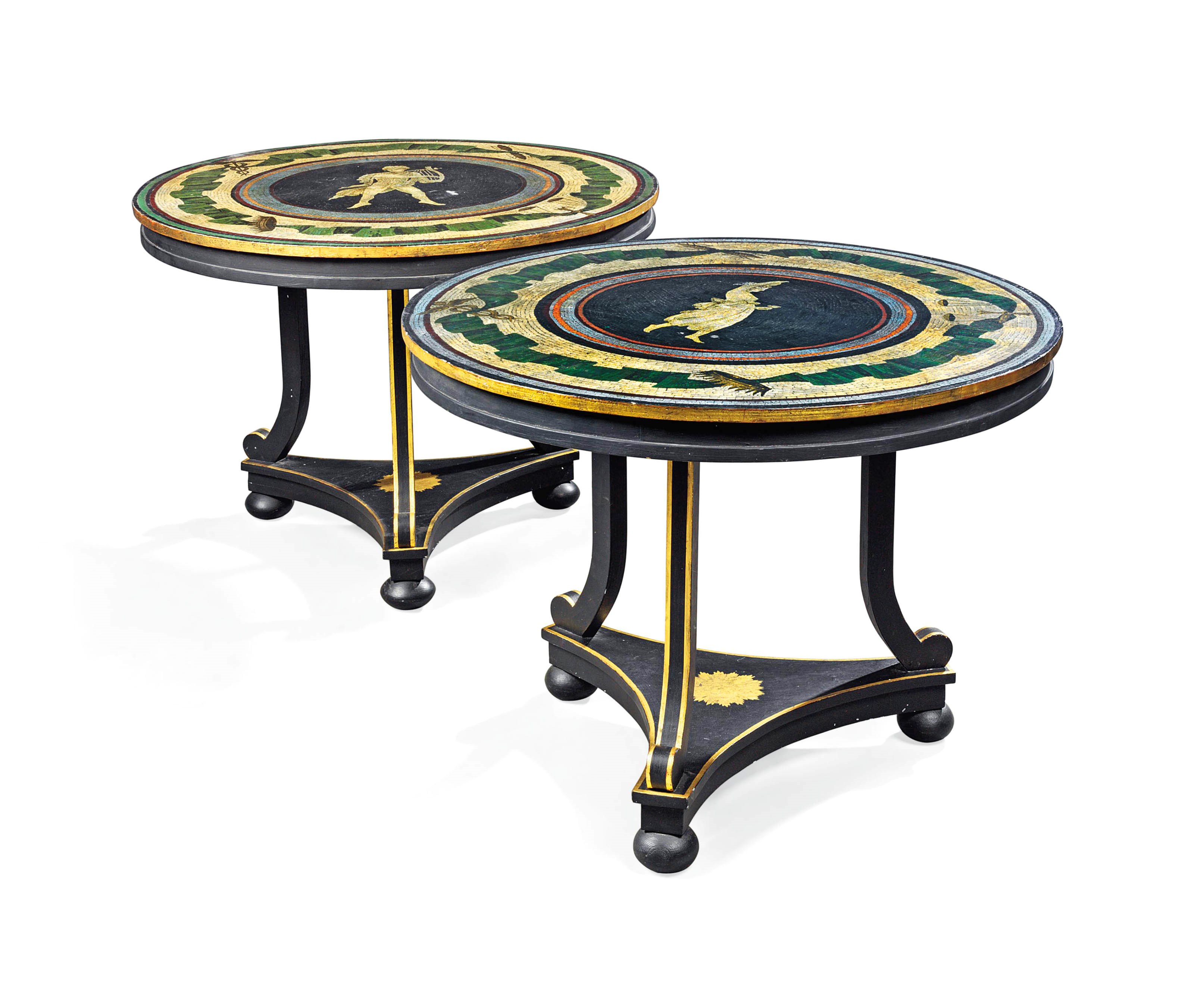 A PAIR OF GILT-HIGHLIGHTED AND POLYCHROME-DECORATED OCCASIONAL TABLES