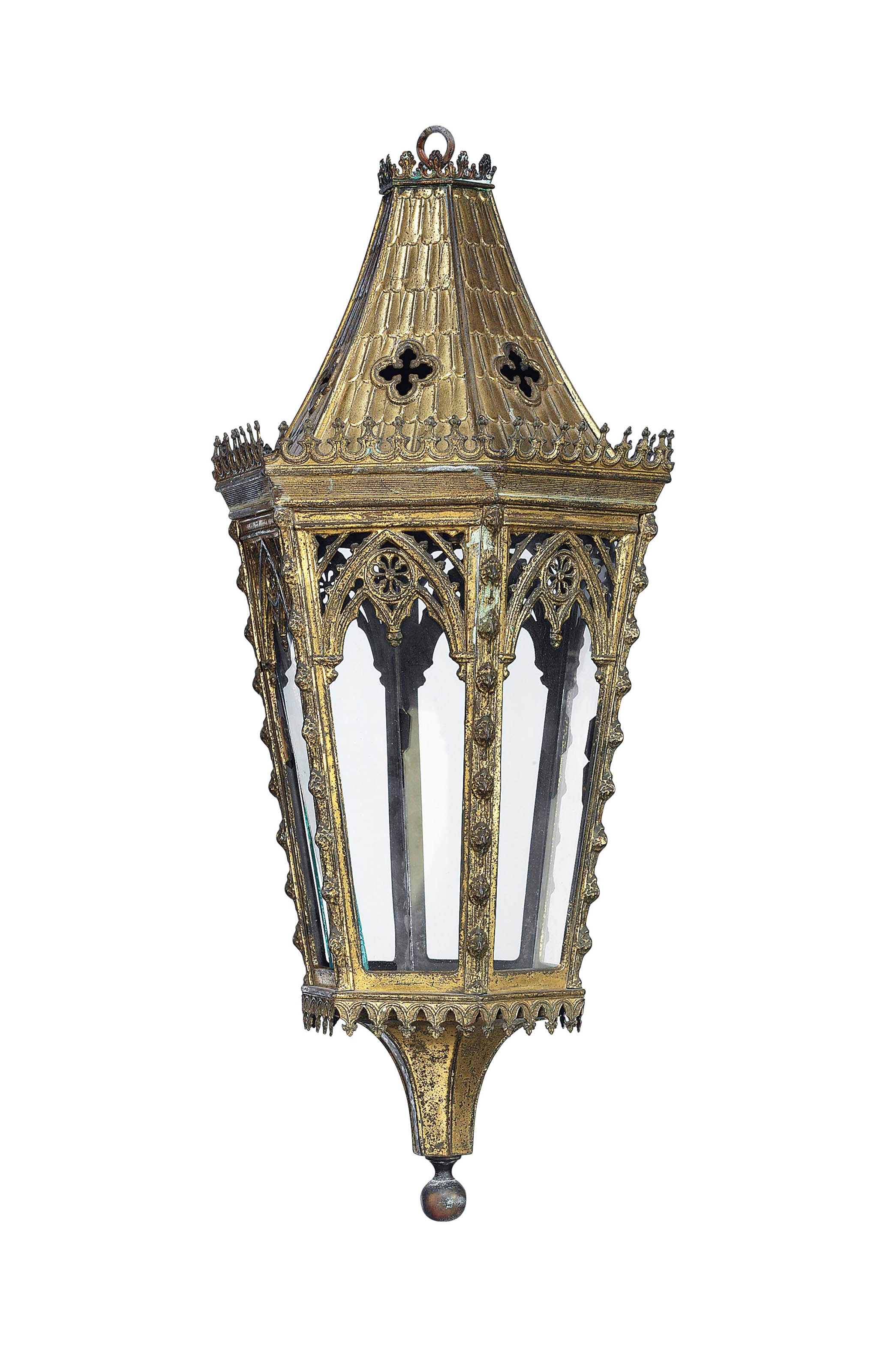 A PAIR OF GILT SHEET-BRASS LANTERNS IN THE GOTHIC STYLE