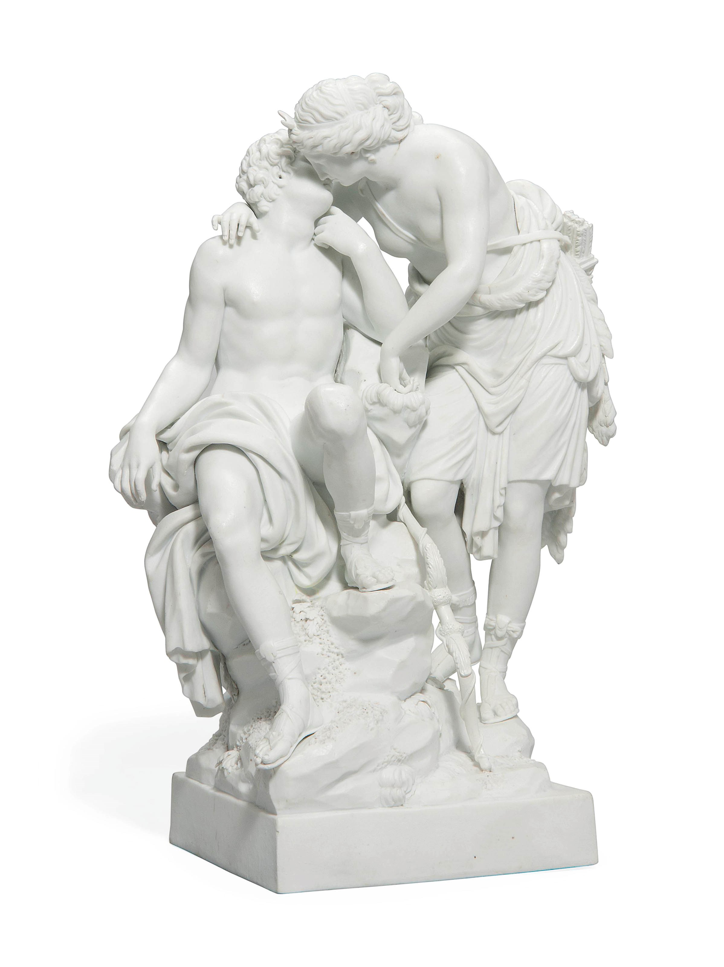 A MEISSEN (MARCOLINI) BISCUIT FIGURE GROUP OF DIANA AND ENDYMION
