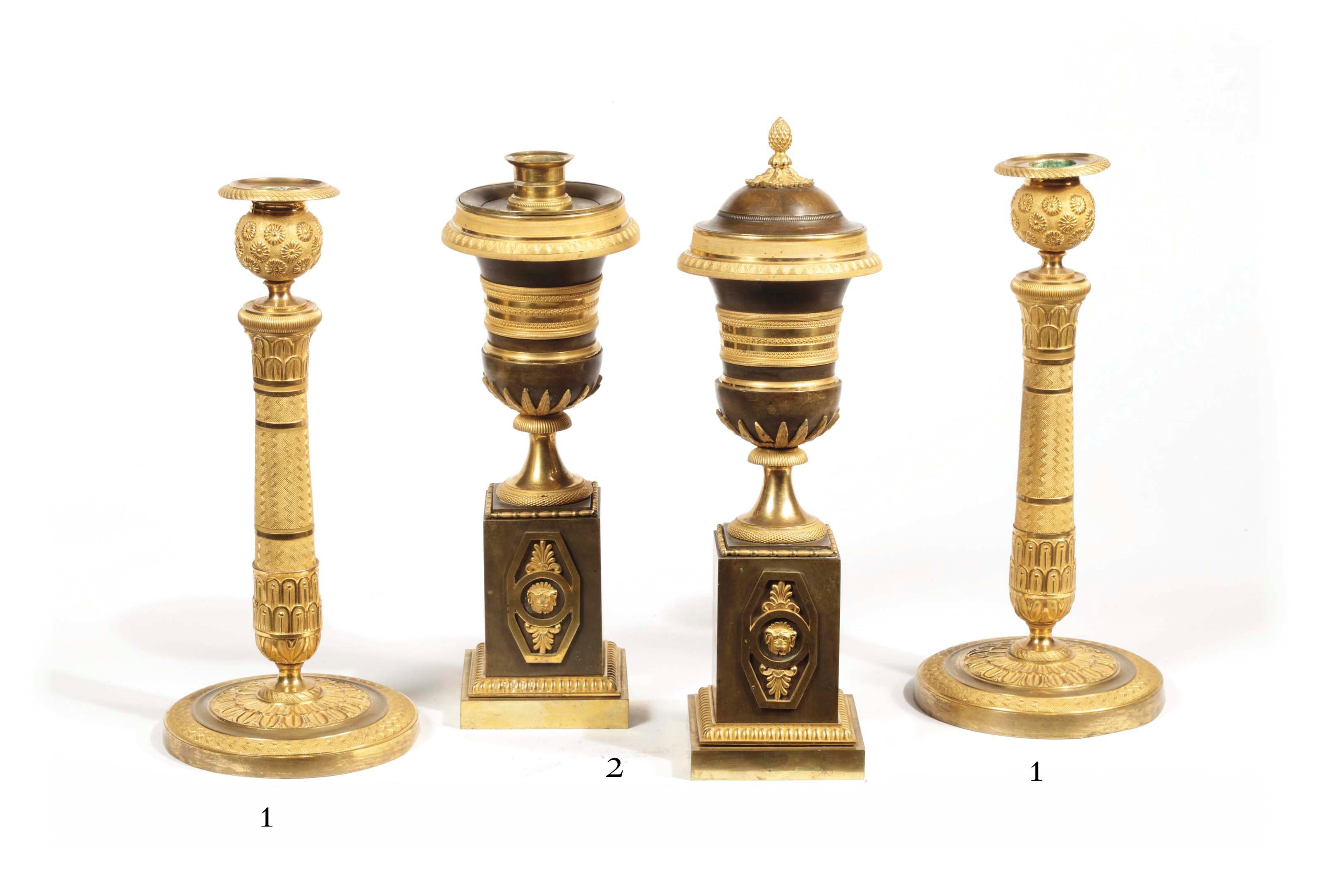 A pair of empire patinated-bronze and ormolu cassolettes
