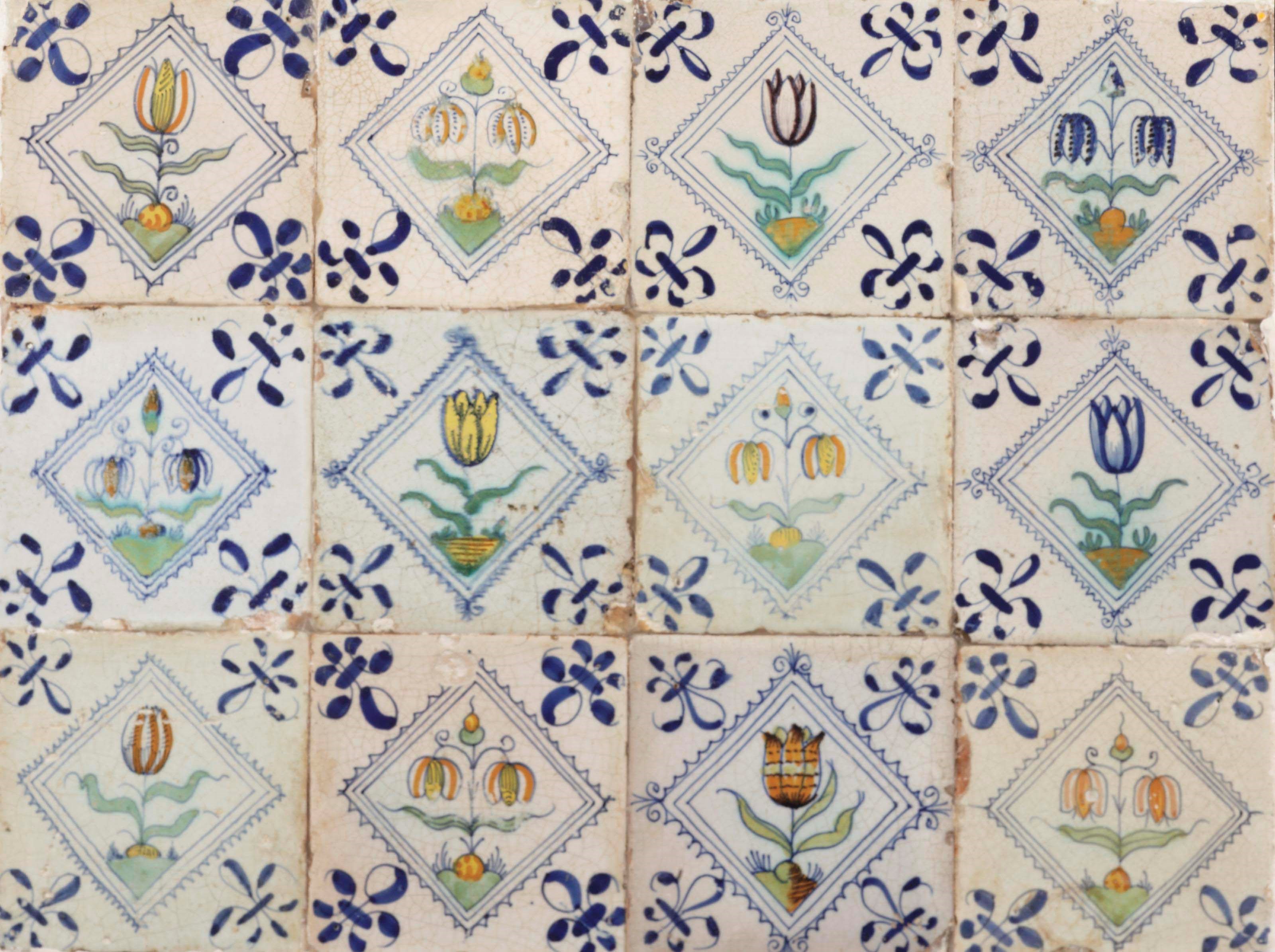 A panel of twelve Dutch polychrome tulip tiles