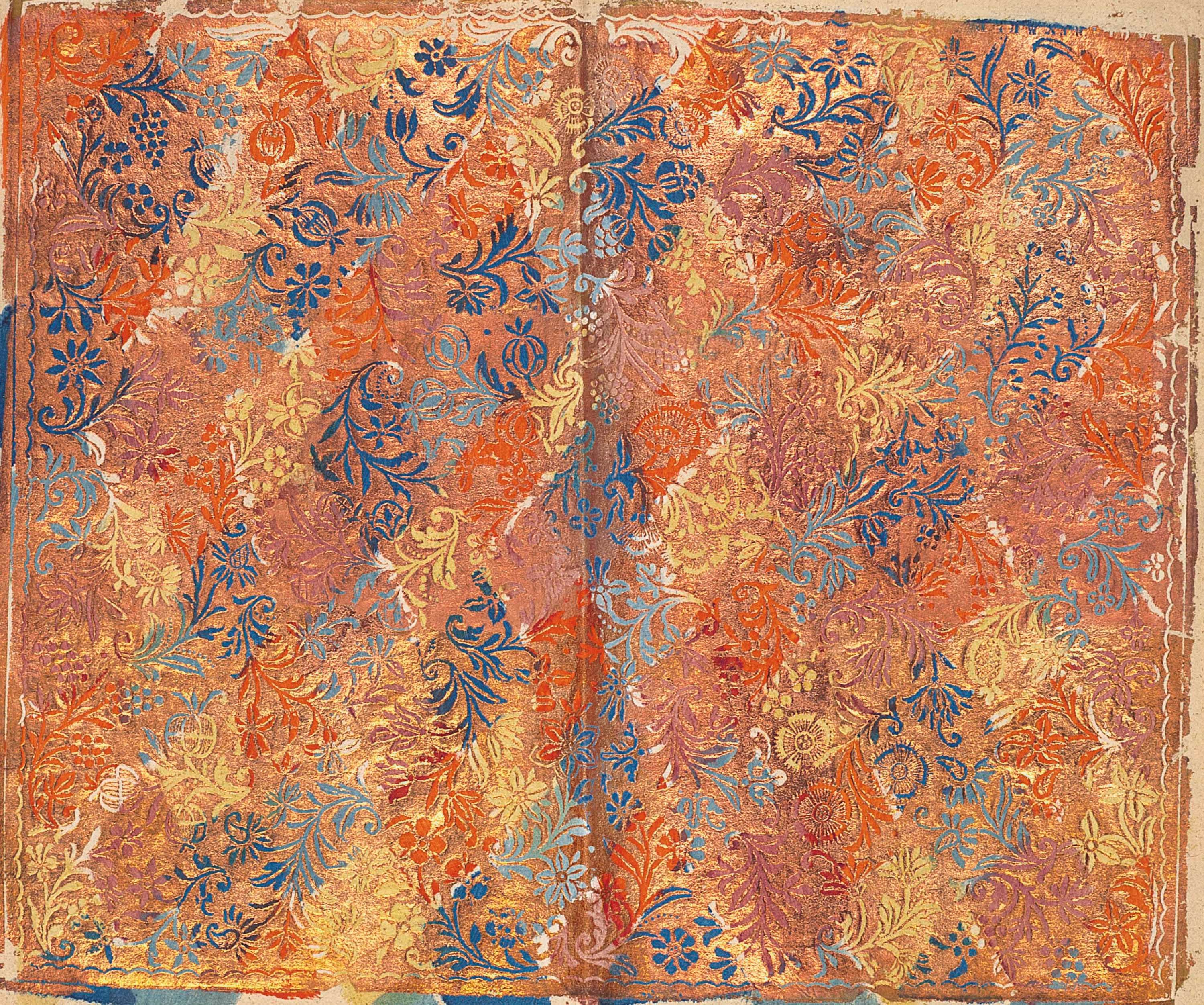 A collection of 5 fine and highly-decorative brocaded sheets, decorated with elaborate interlacing floral designs printed over in gold, silver and colours, 3 of which stamped at their lower edge 'Paul Reymund' with the numbers 1, 11 and 22, each approximately 360 x 420mm, Nuremberg: [c.1800]. 	 (5)