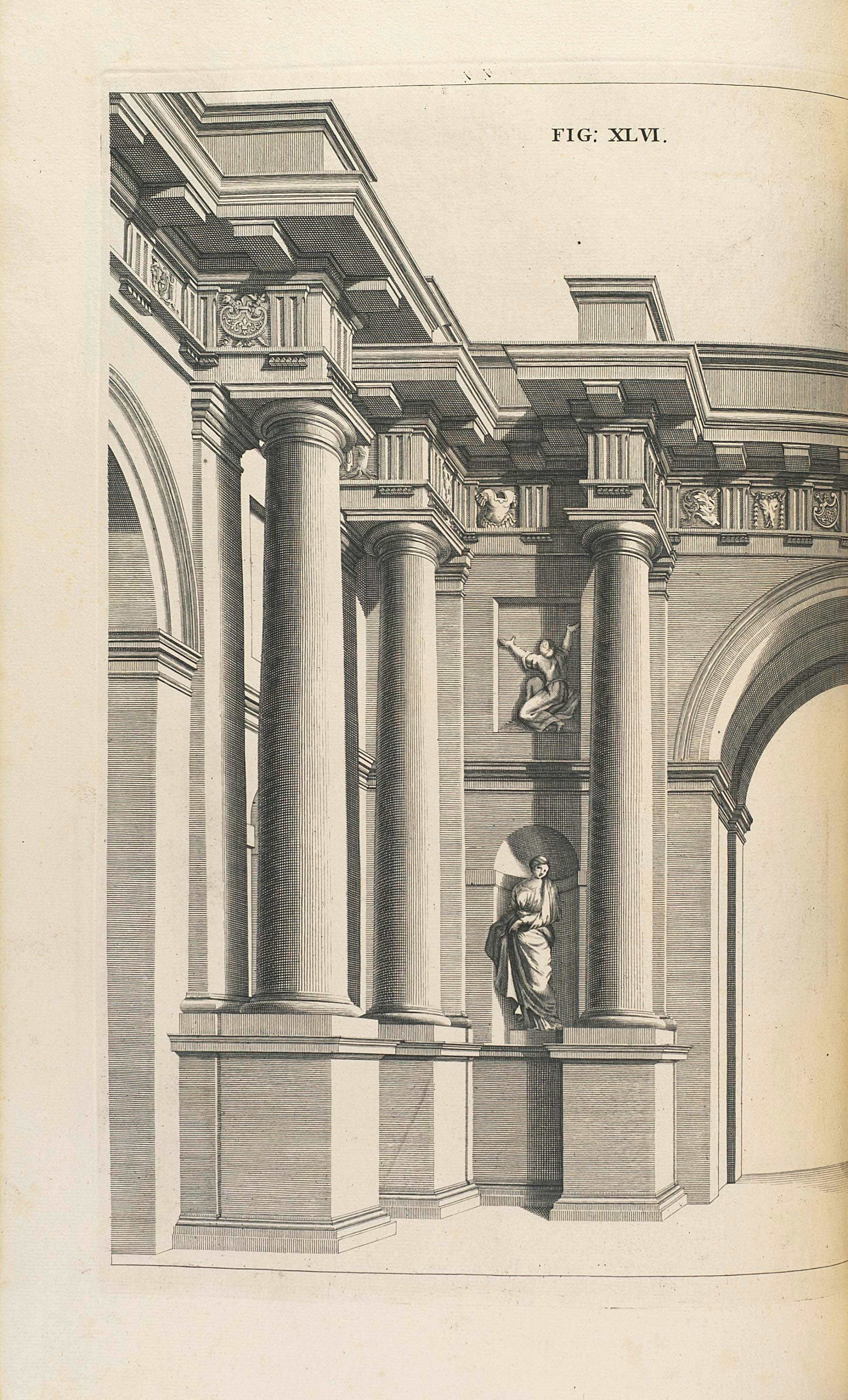 POZZO, Andrea (1642-1709). Rules and Examples of Perspective Proper for Painters and Architects, etc. London: Benj. Motte for John Sturt, 1707. 2° (403 x 254mm). Engraved frontispiece, titles in English and Latin, headpiece and initial to dedication, subscribers' list, full-page illustration to verso of approbation leaf of drawing instruments, 101 plates, plates LIIIA and LIIIB in an early state like the RIBA copy with manuscript cancel-slips over suffix letters, and engraved initials, with the English text for figure 70 with printed initial 'W', letterpress text in English and Latin. (Light marginal burn marks at top corner and fore-edge from beginning to plate XXVII, one text leaf with short marginal tear, very minor marginal worming from beginning to plate XLII, 3 plates with very light creasing at corners, occasional browning and spotting.) Contemporary panelled calf, spine with raised bands and red morocco gilt label (burn mark to upper cover at top corner and fore-edge, extremities rubbed, head and tailcaps more heavily, short wormtrack to upper cover).

FIRST ENGLISH EDITION. 'The English interpretations of Pozzo's original plates are all the work of John Sturt and are ... more detailed and finely-engraved than the originals' (RIBA). Fowler 252; Harris 703; Millard II, 58; RIBA 2612.