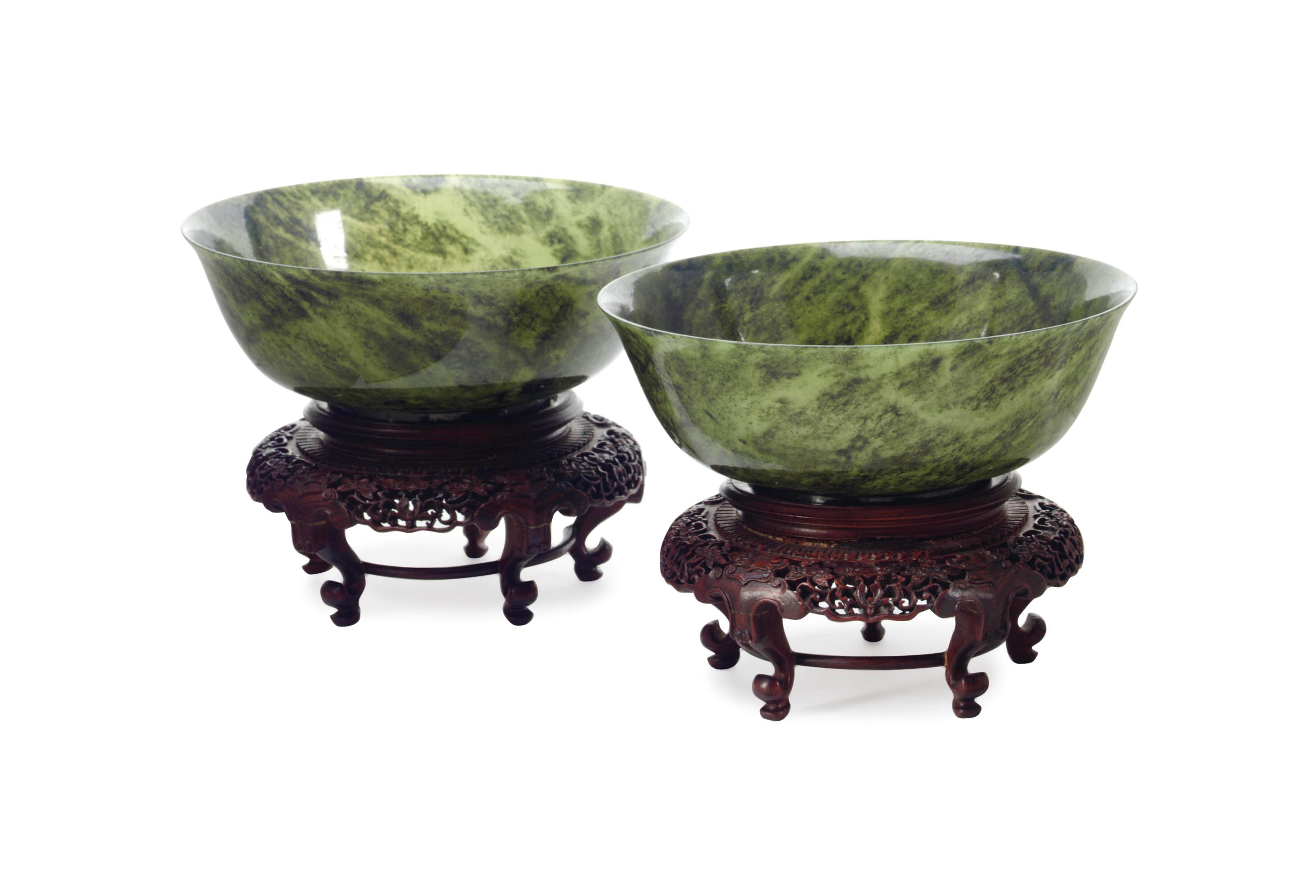 A PAIR OF SPINACH GREEN JADE BOWLS