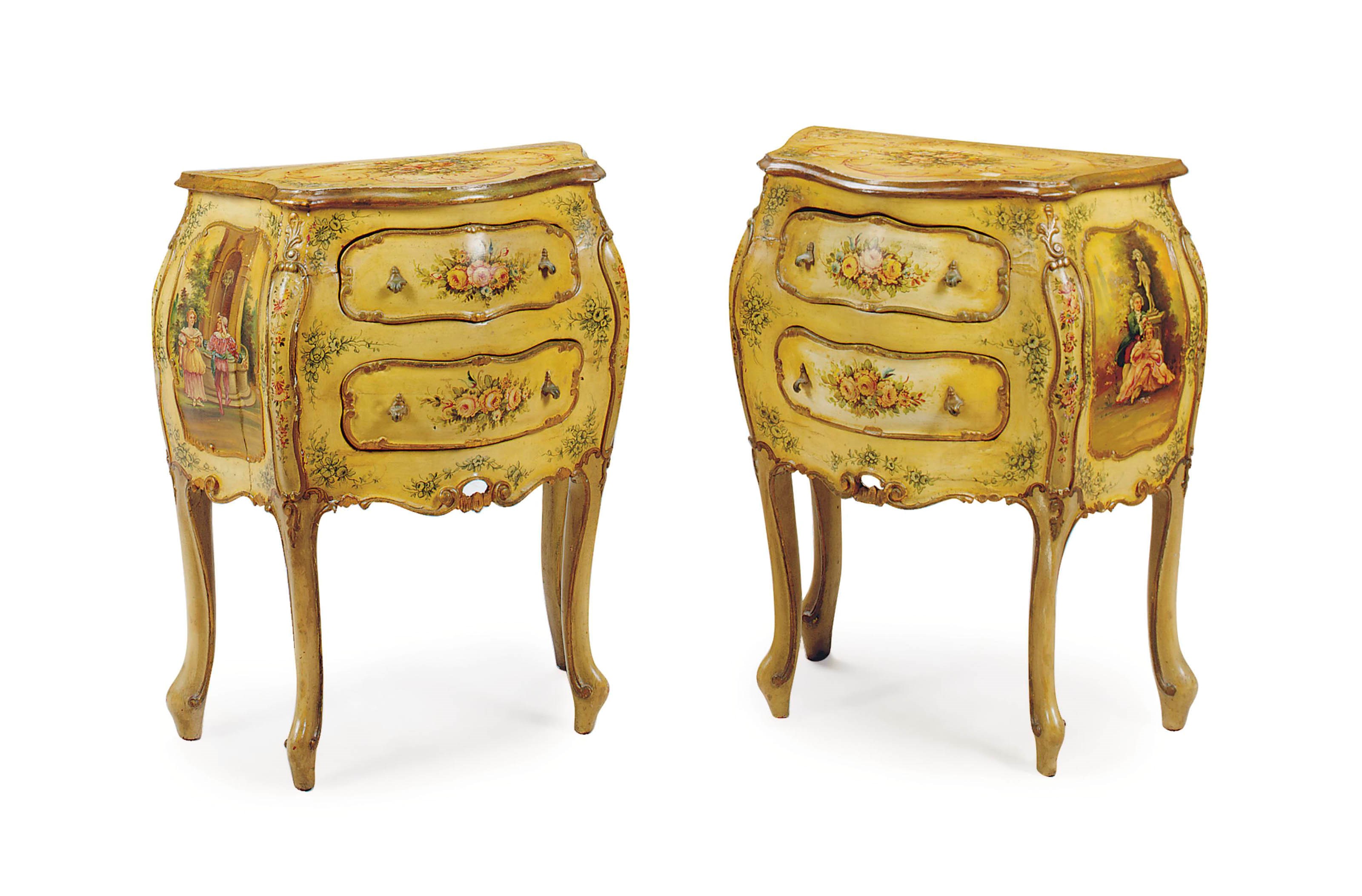 A PAIR OF ITALIAN POLYCHROME-PAINTED AND PARCEL-GILT COMMODINI,