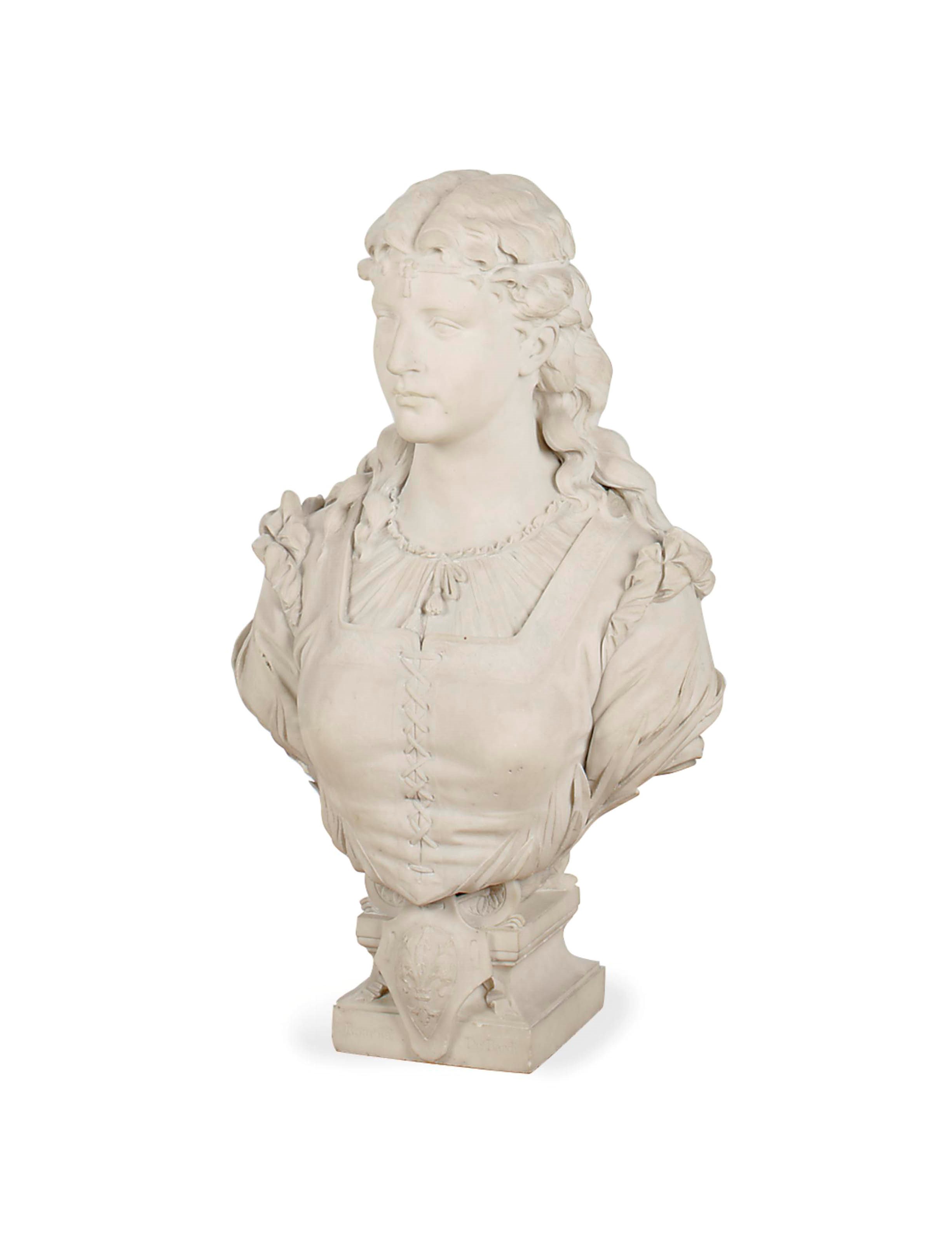 A CARVED MARBLE BUST ENTITLED 'ROMOLA DE BARDI',
