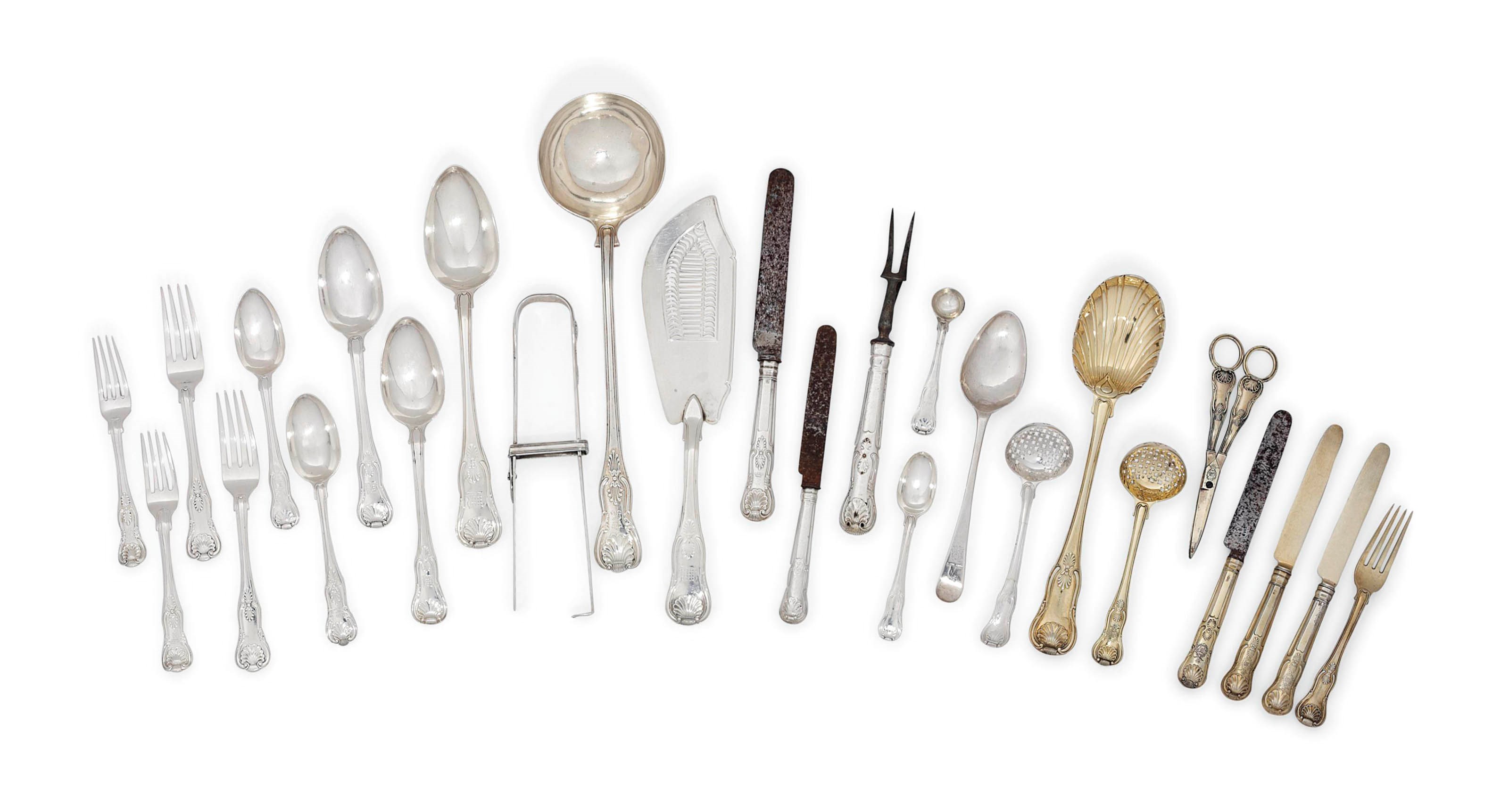 A COMPOSITE GEORGE III SILVER TABLE SERVICE OF KING'S PATTERN FLATWARE