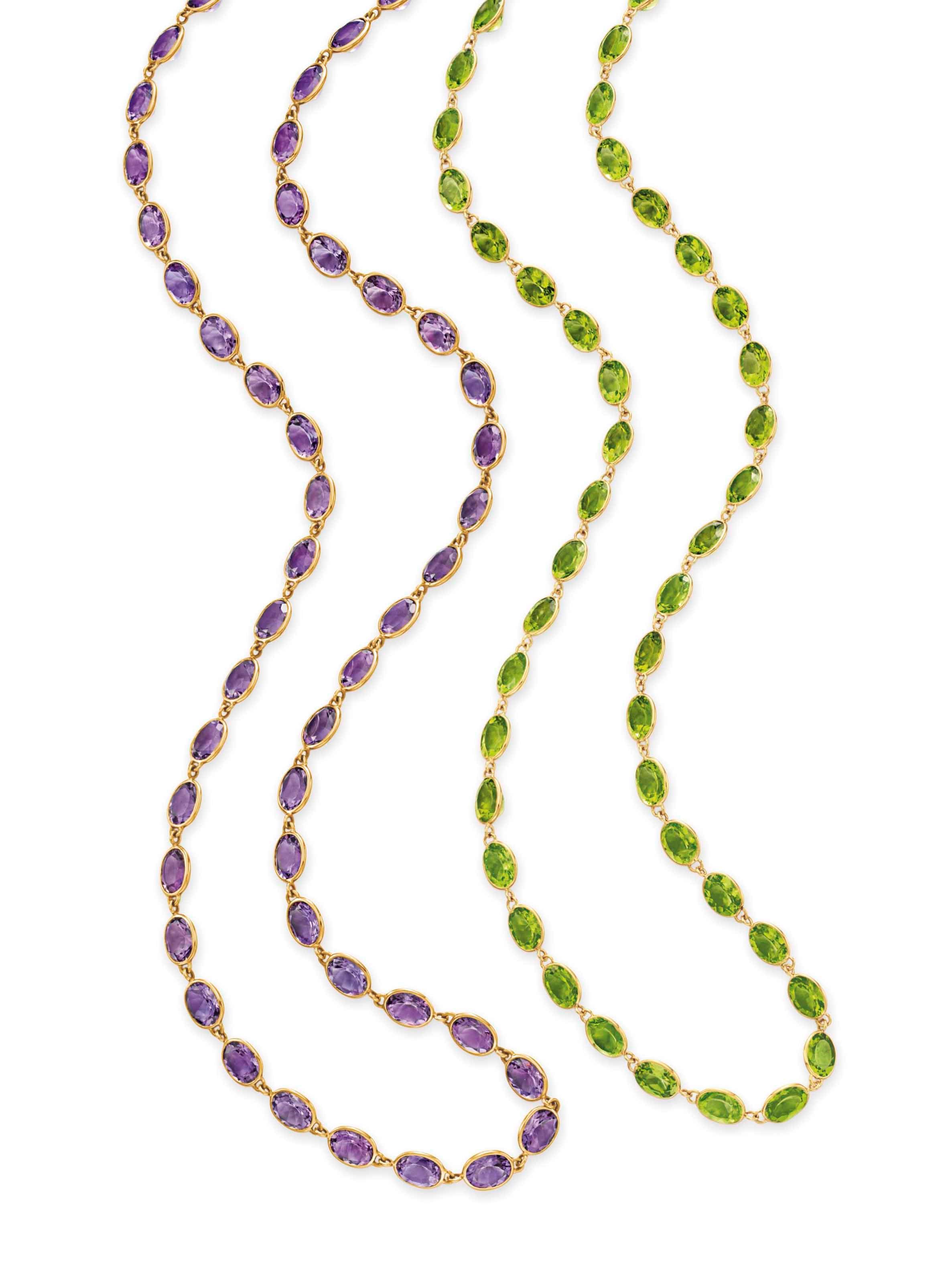 TWO MULTI-GEM LONGCHAIN NECKLACES