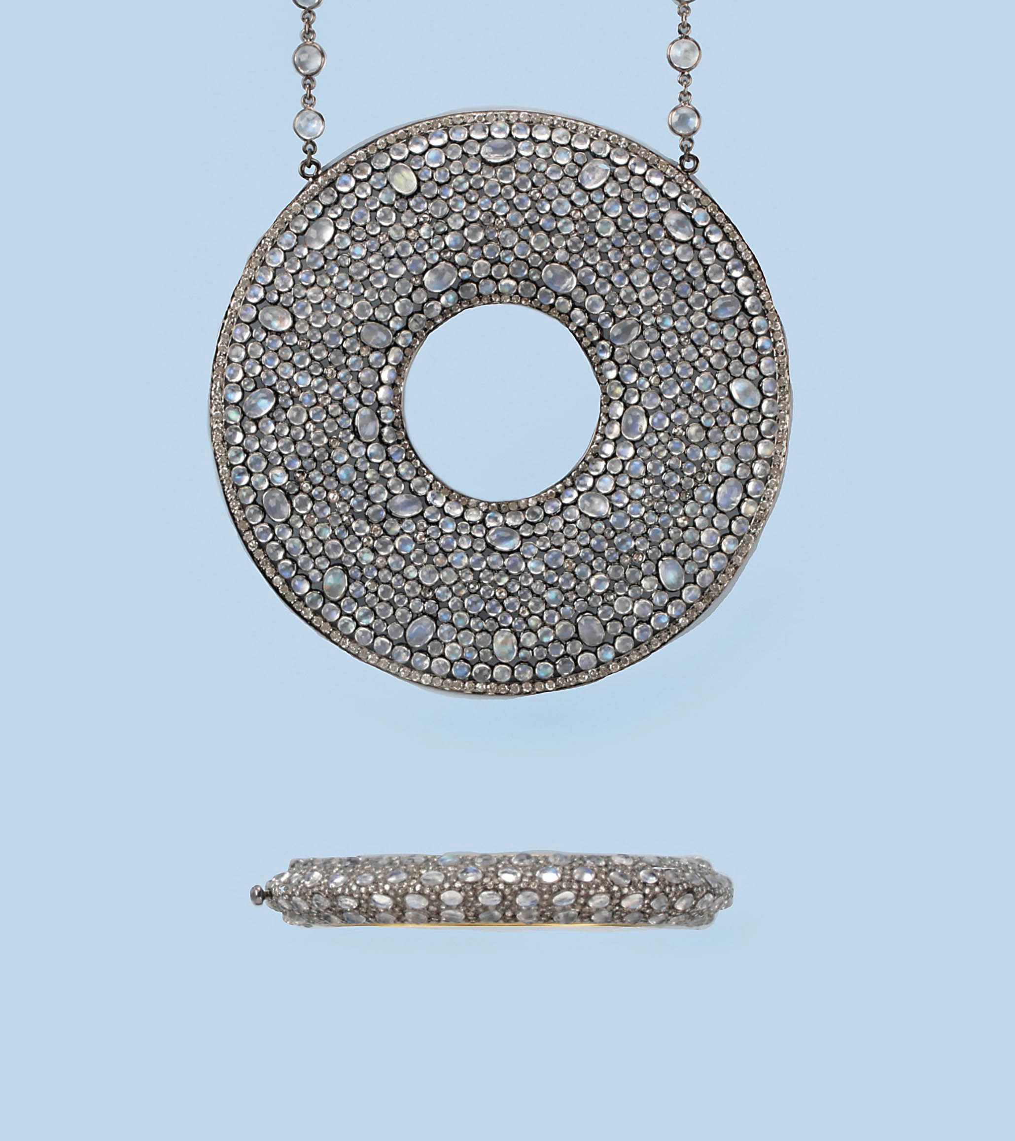 A MOONSTONE AND DIAMOND NECKLACE AND BANGLE