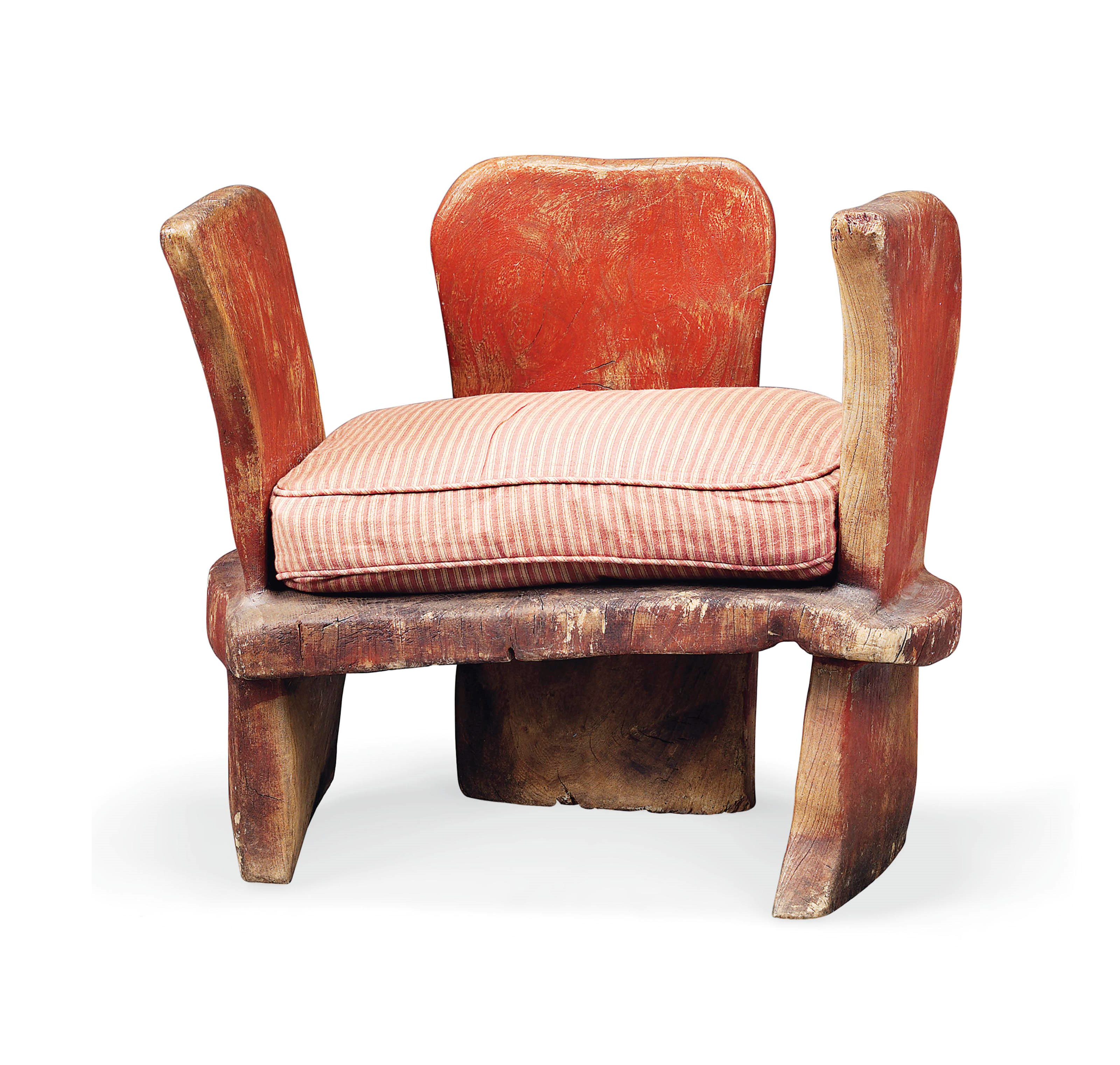 A RED-PAINTED ELM DUG-OUT ARMCHAIR