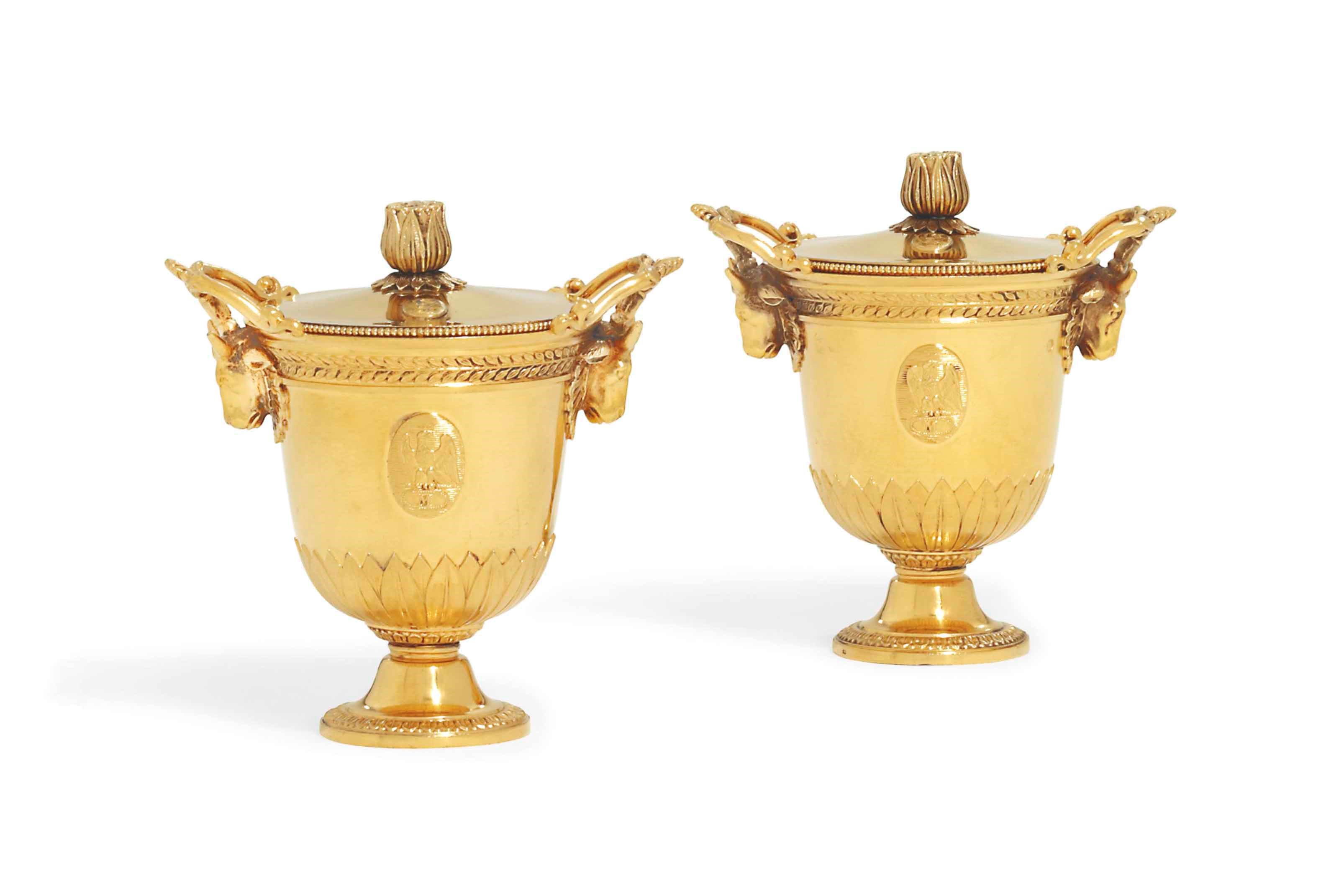 A PAIR OF FRENCH EMPIRE SILVER-GILT POT-A-CREME FROM THE MADAME MERE SERVICE